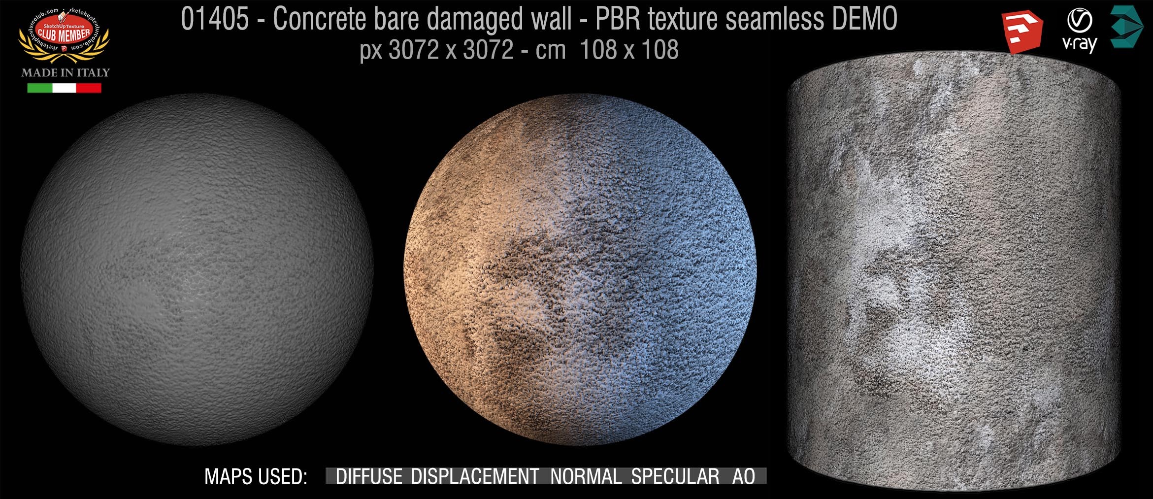 01405 Concrete bare damaged wall PBR texture horizontal seamless DEMO