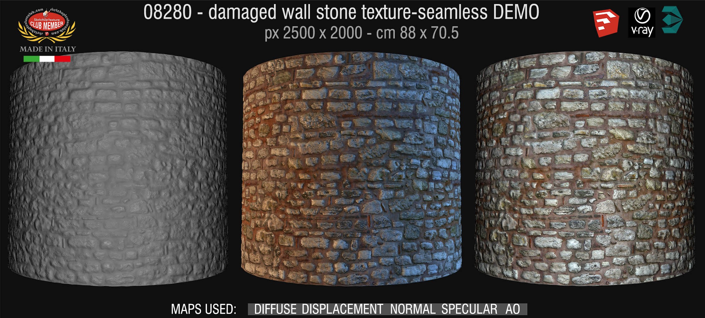 08280 HR Damaged wall stone texture + maps DEMO