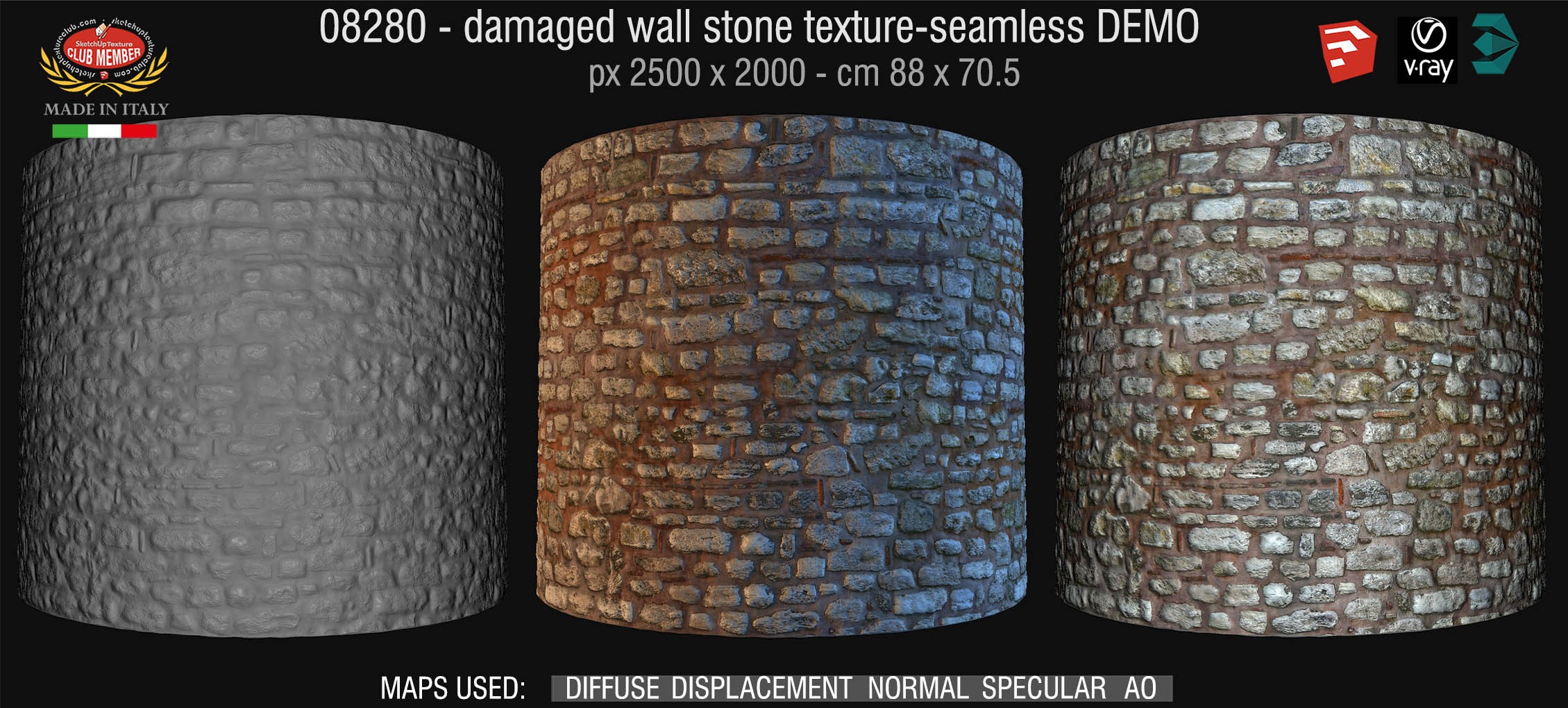08280 HR Damaged wall stone texture + maps DEMO
