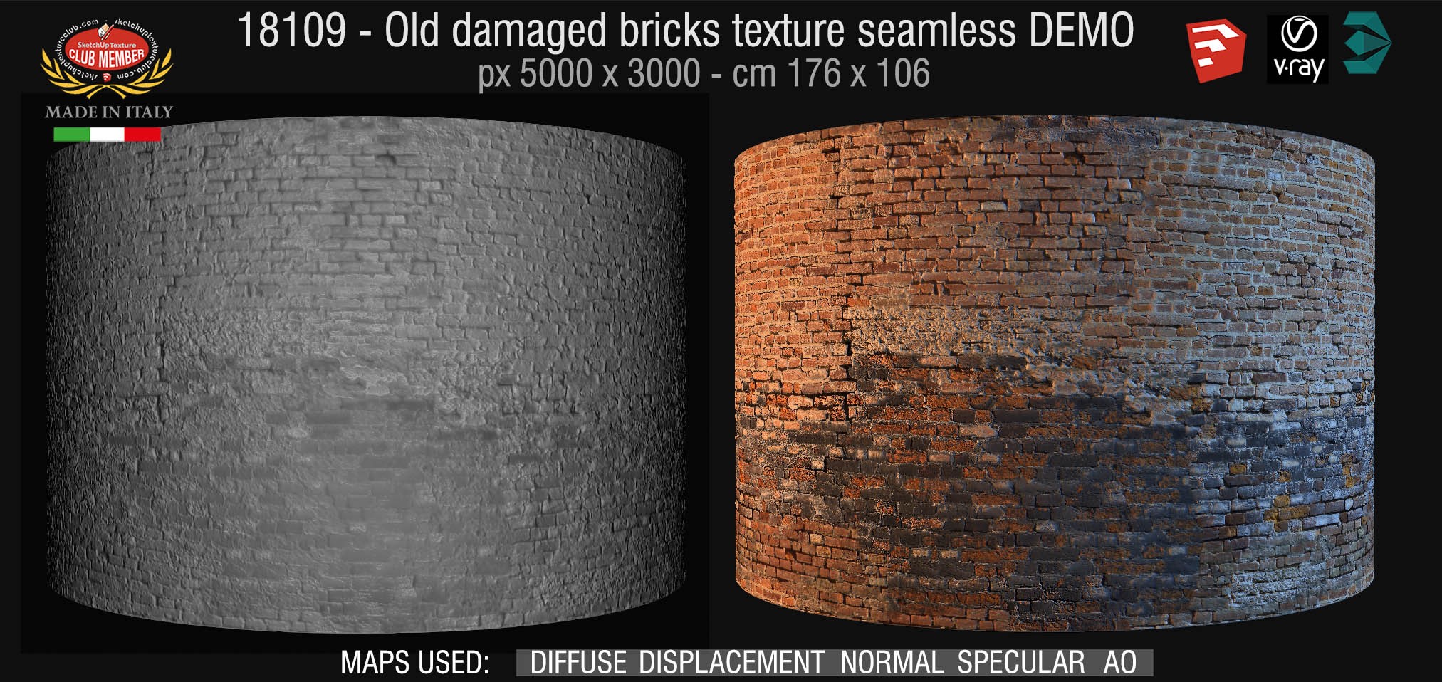 18109 HR Old damaged bricks texture seamless + maps DEMO