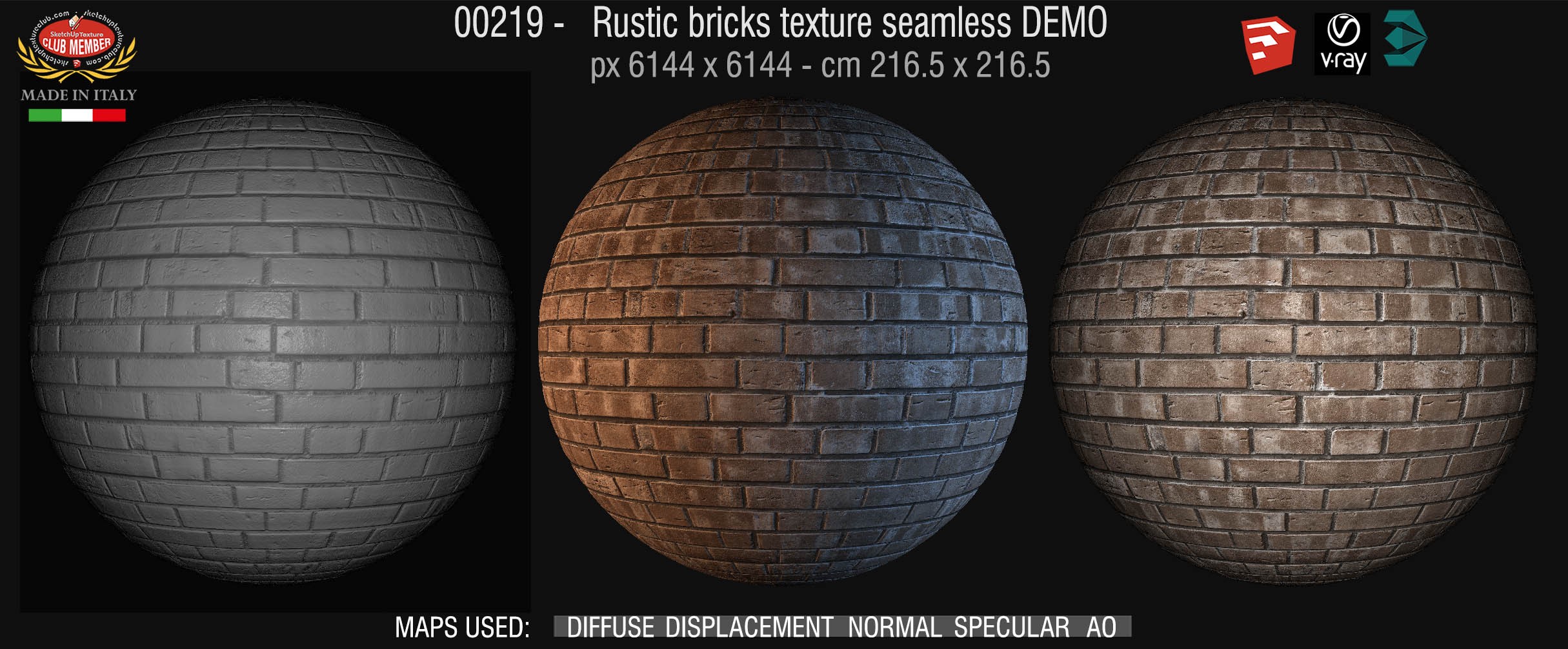 00219 Rustic bricks texture seamless + maps DEMO