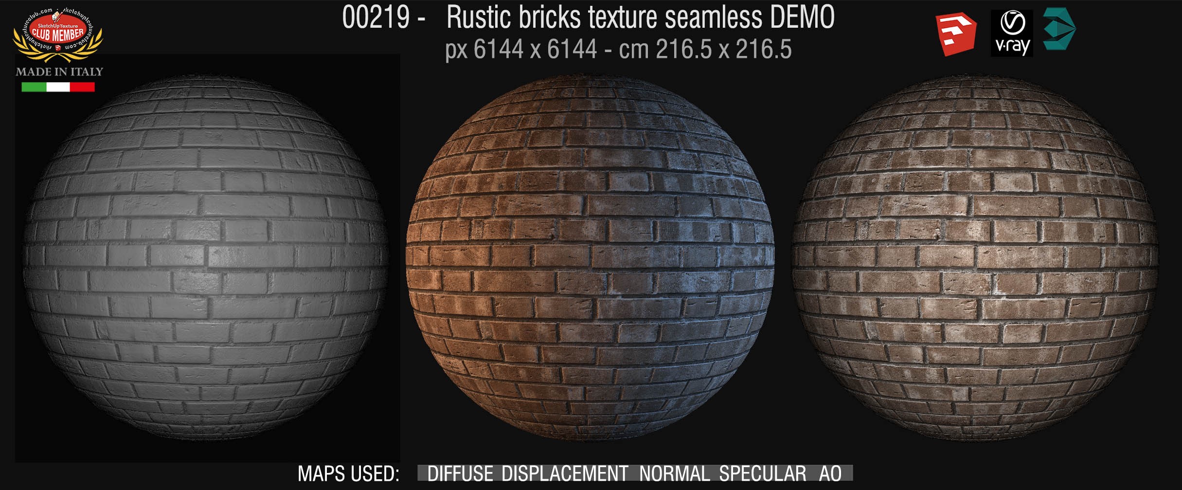 00219 Rustic bricks texture seamless + maps DEMO