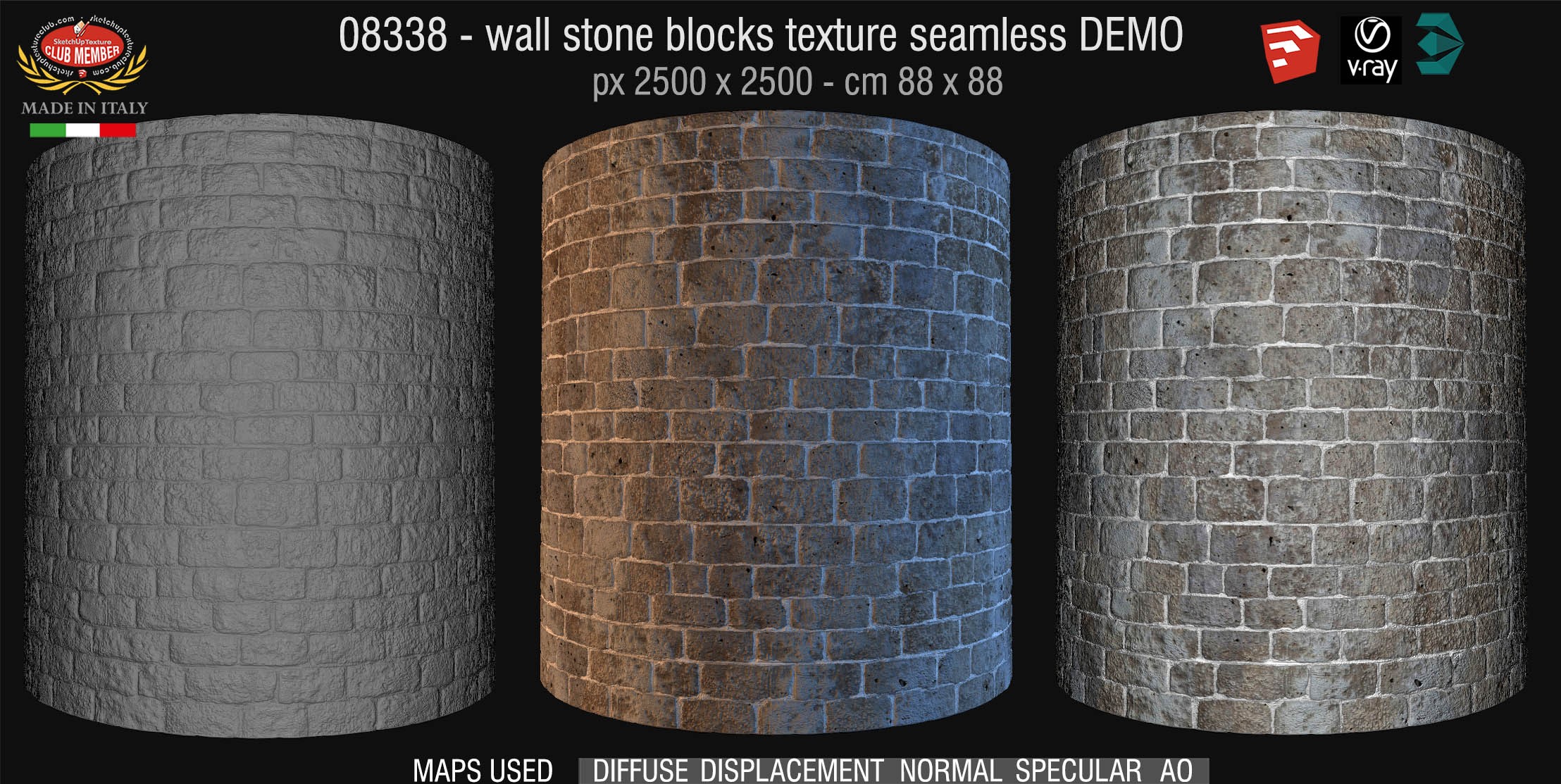 08338 HR Wall stone with regular blocks texture + maps DEMO