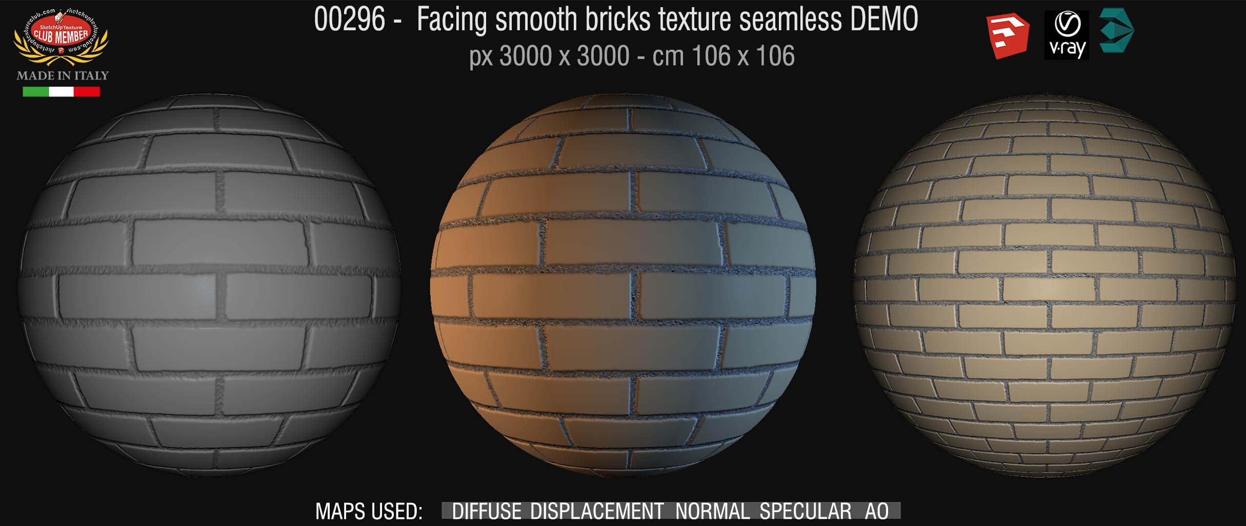 00296 Facing smooth bricks texture seamless + maps DEMO