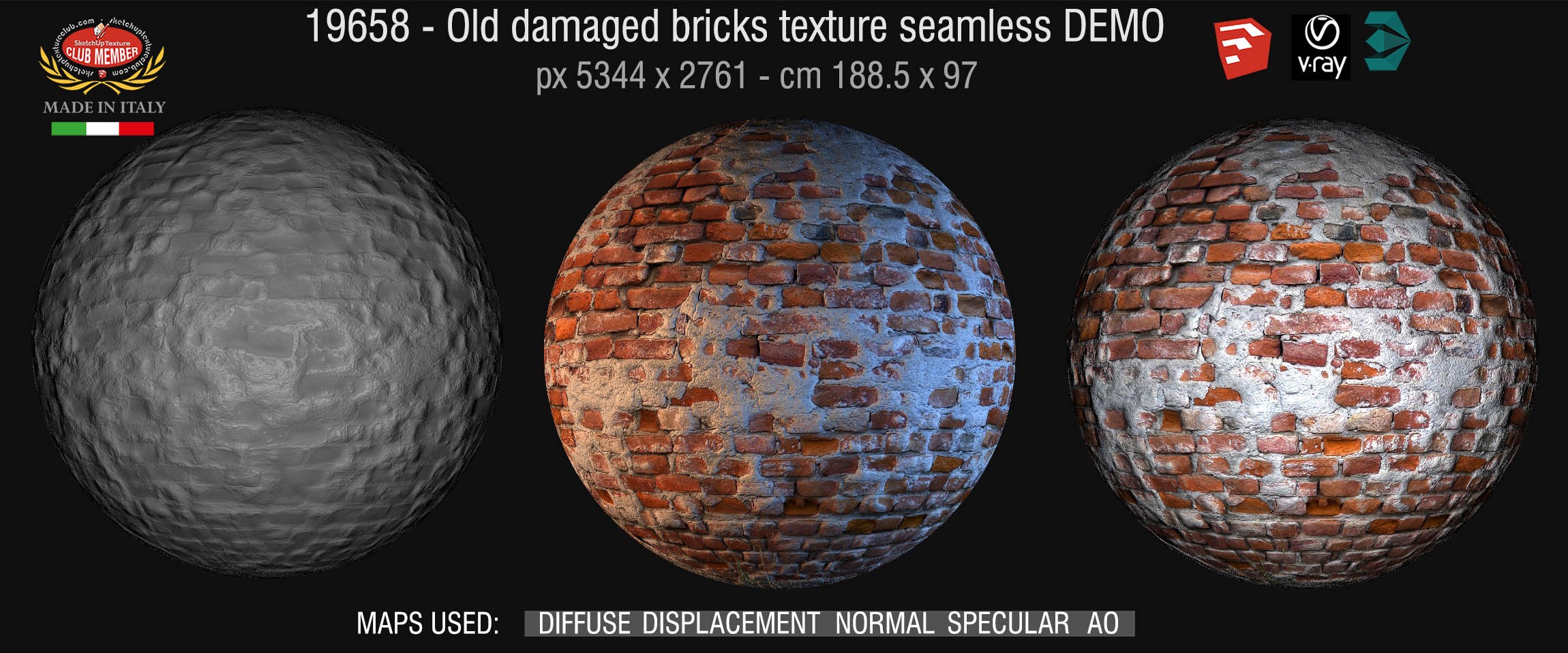 19658 HR Old damaged wall bricks texture horizontal seamless + maps DEMO