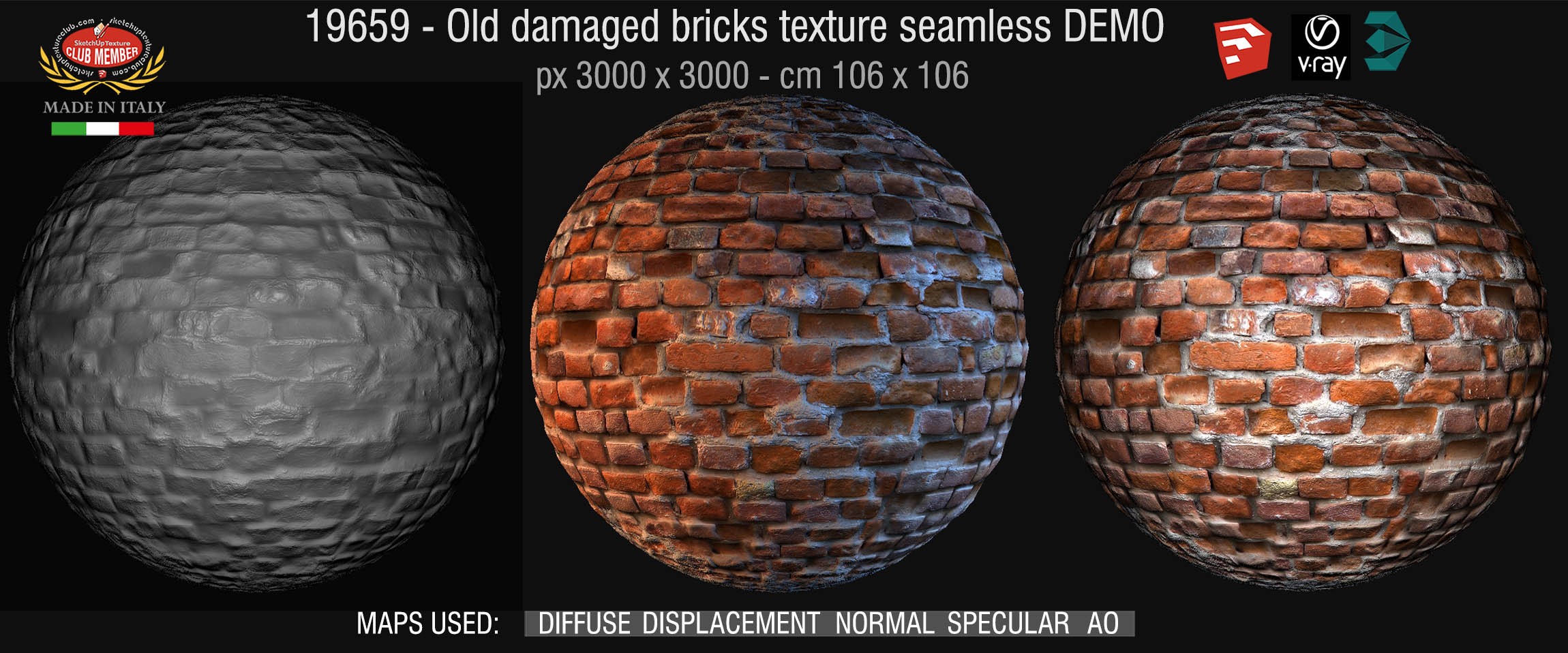 19659 HR Damaged bricks texture seamless + maps DEMO