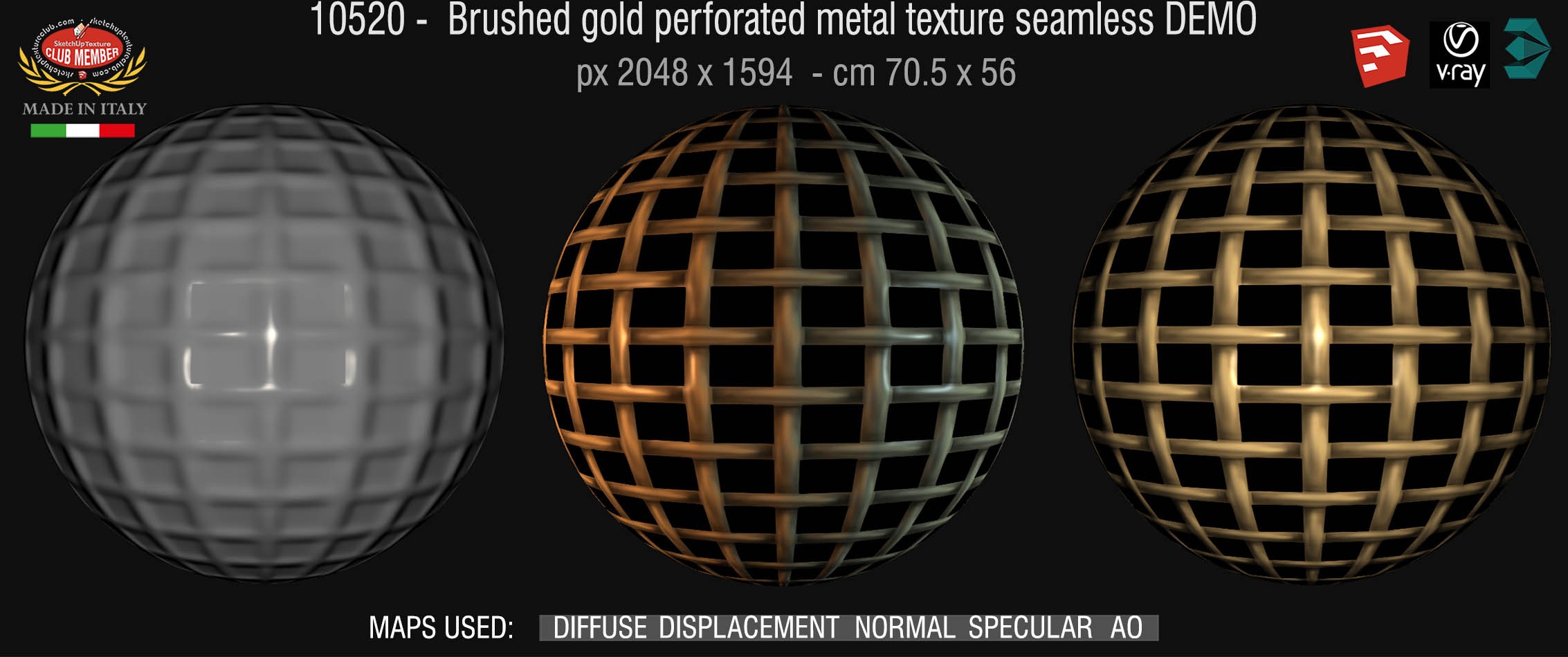 10520 HR Brushed gold perforated metal texture seamless + maps DEMO