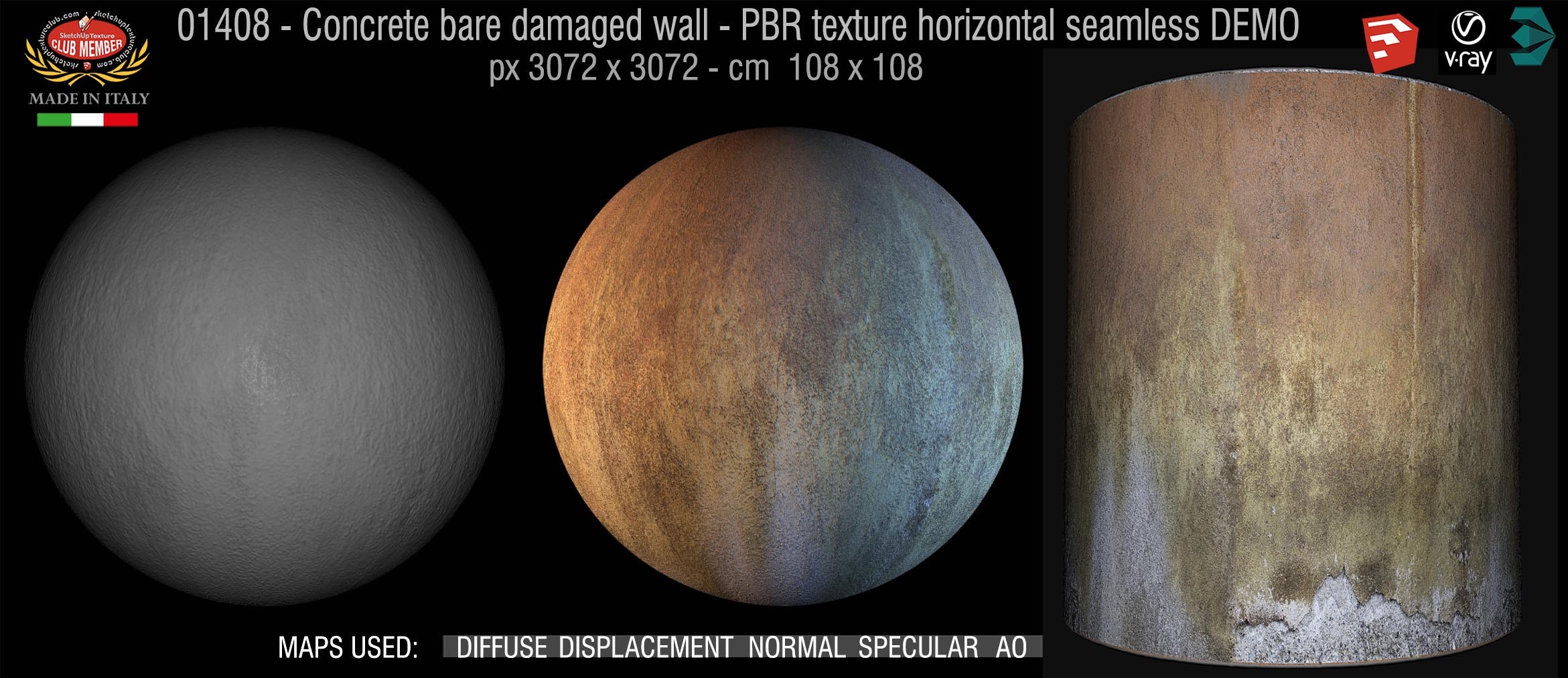 01408 Concrete bare damaged wall PBR texture horizontal seamless DEMO