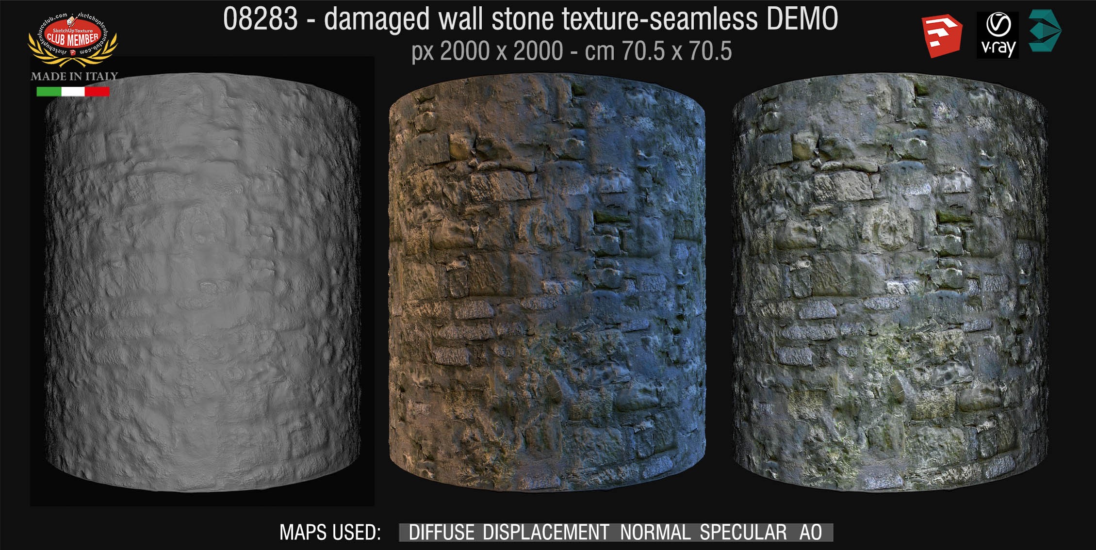 08283 HR Damaged wall stone texture + maps DEMO