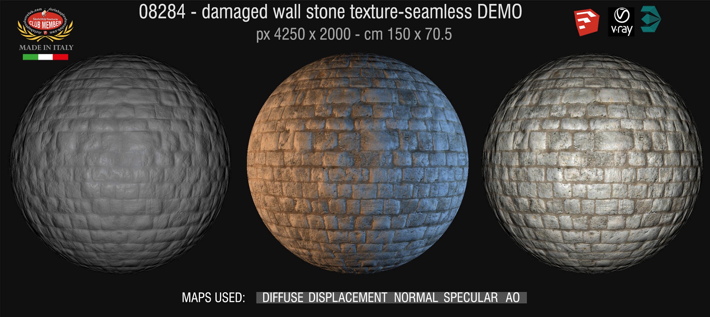 08284 HR Damaged wall stone texture + maps DEMO