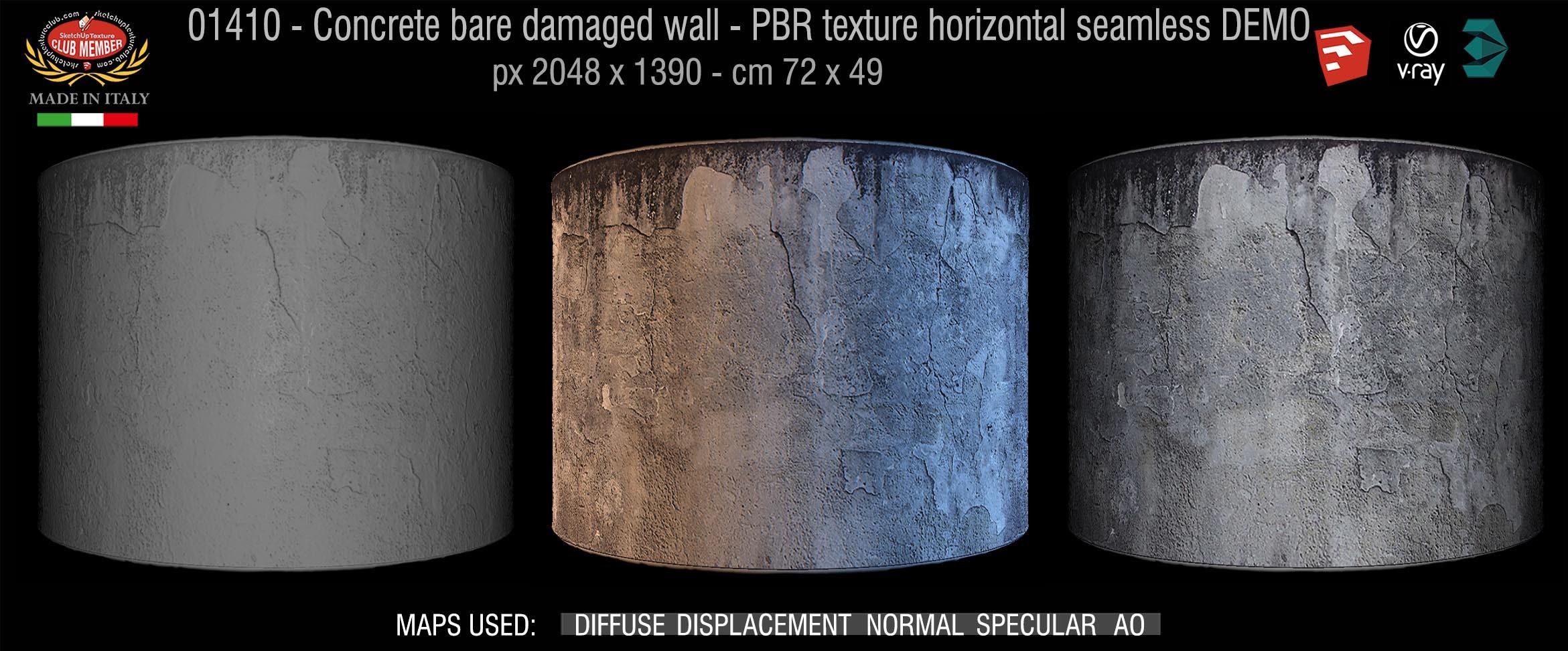 01410 Concrete bare damaged wall PBR texture horizontal seamless DEMO