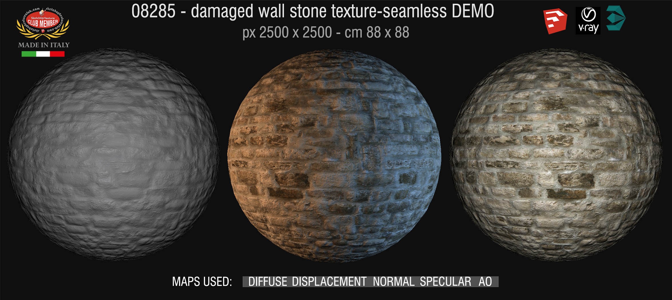 08285 HR Damaged wall stone texture + maps DEMO