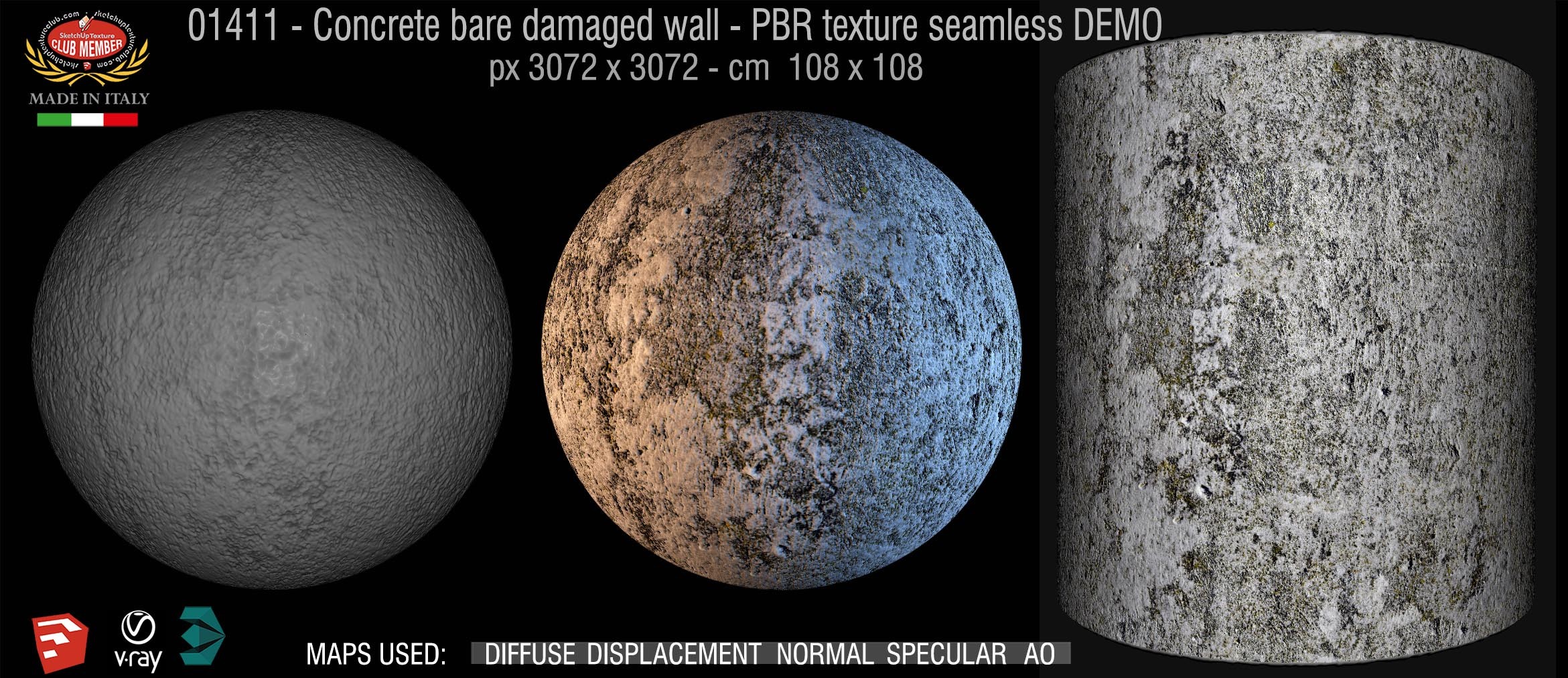 01411 Concrete bare damaged wall PBR texture seamless DEMO