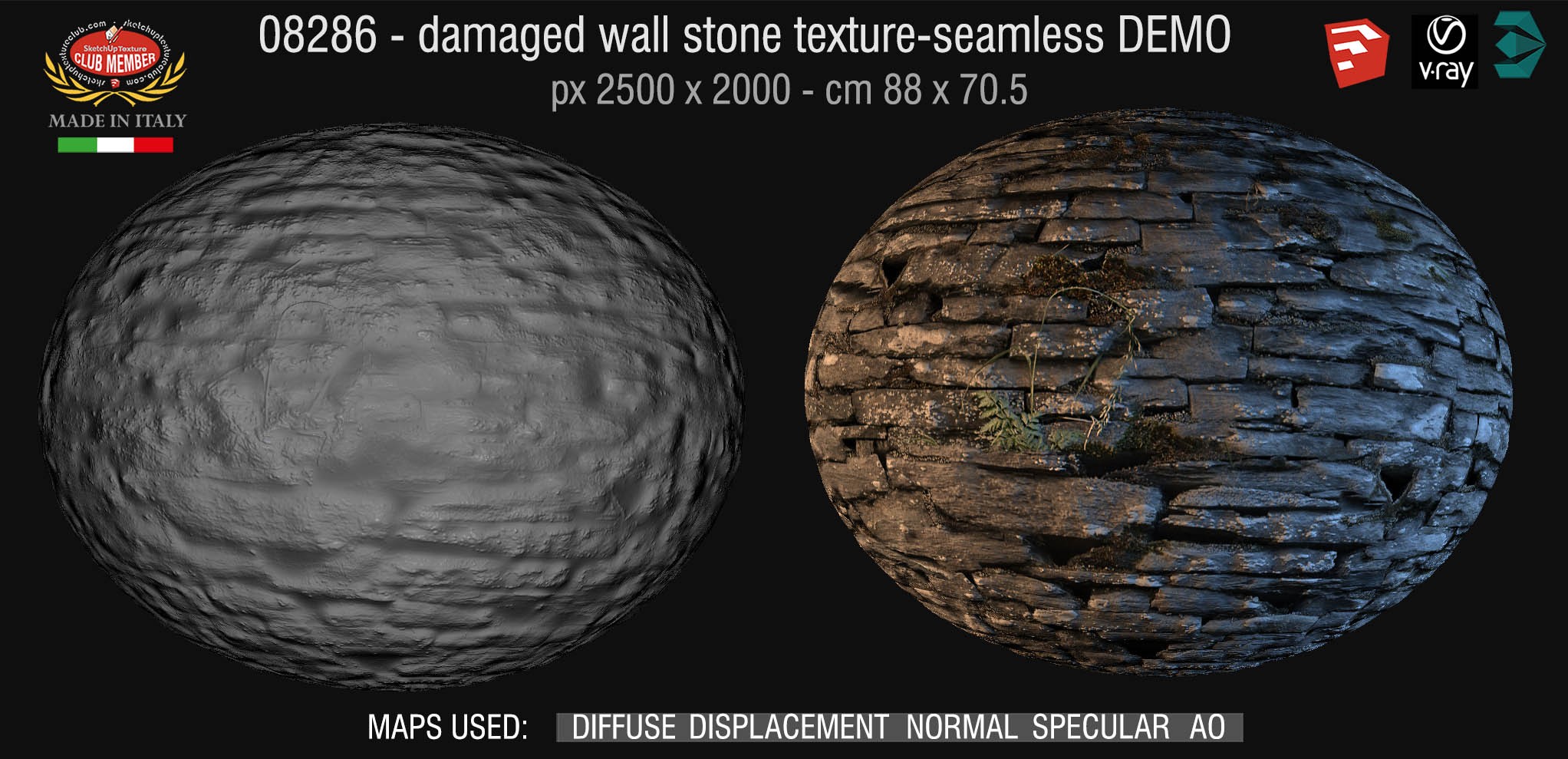 08286 HR Damaged wall stone texture + maps DEMO