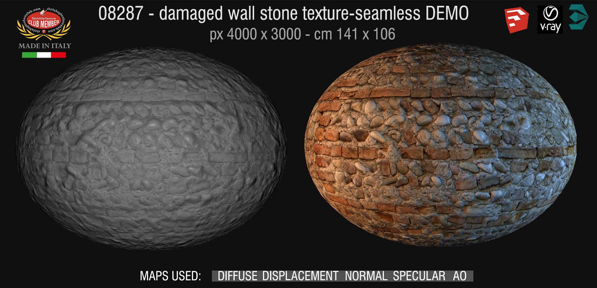 08287 HR Damaged wall stone texture + maps DEMO