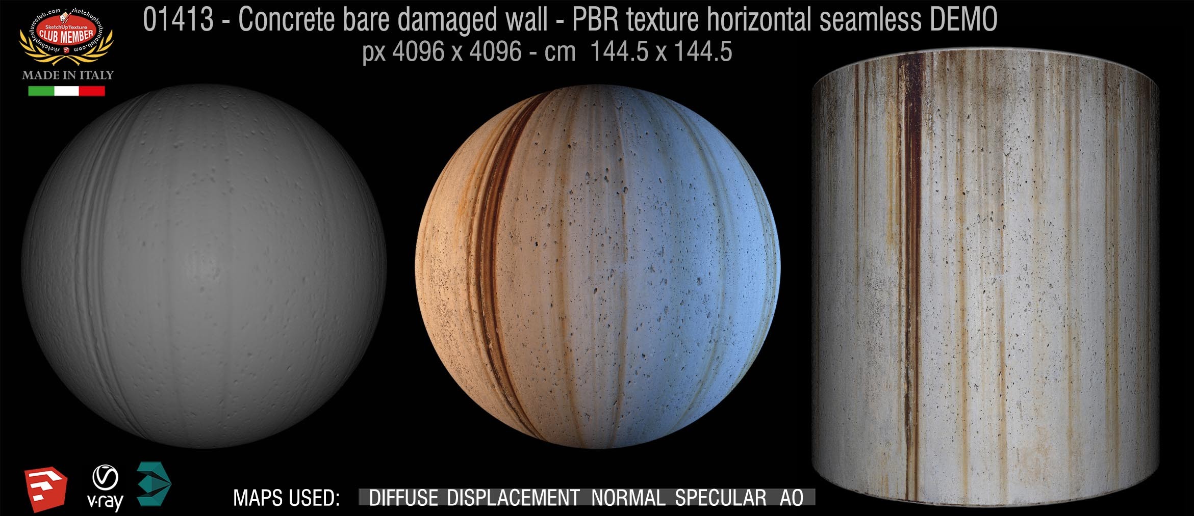 01413 Concrete bare damaged wall PBR texture horizontal seamless DEMO