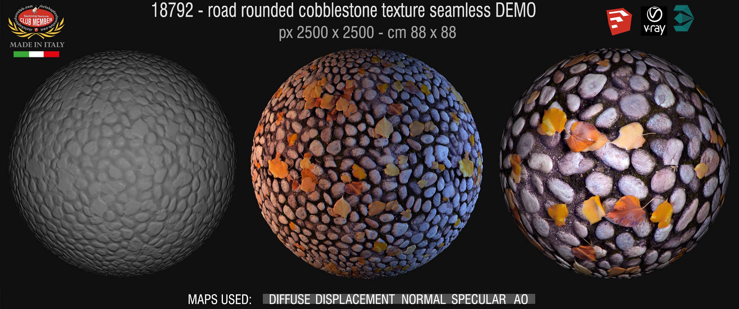 18792 Rounded cobblestone with dead leaves texture seamless + maps DEMO