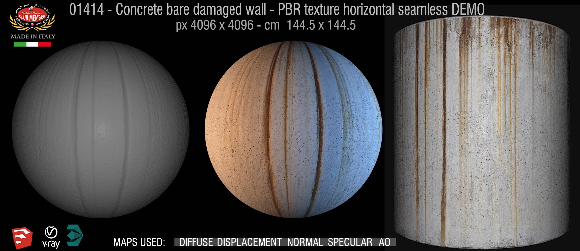 01414 Concrete bare damaged wall PBR texture horizontal seamless DEMO