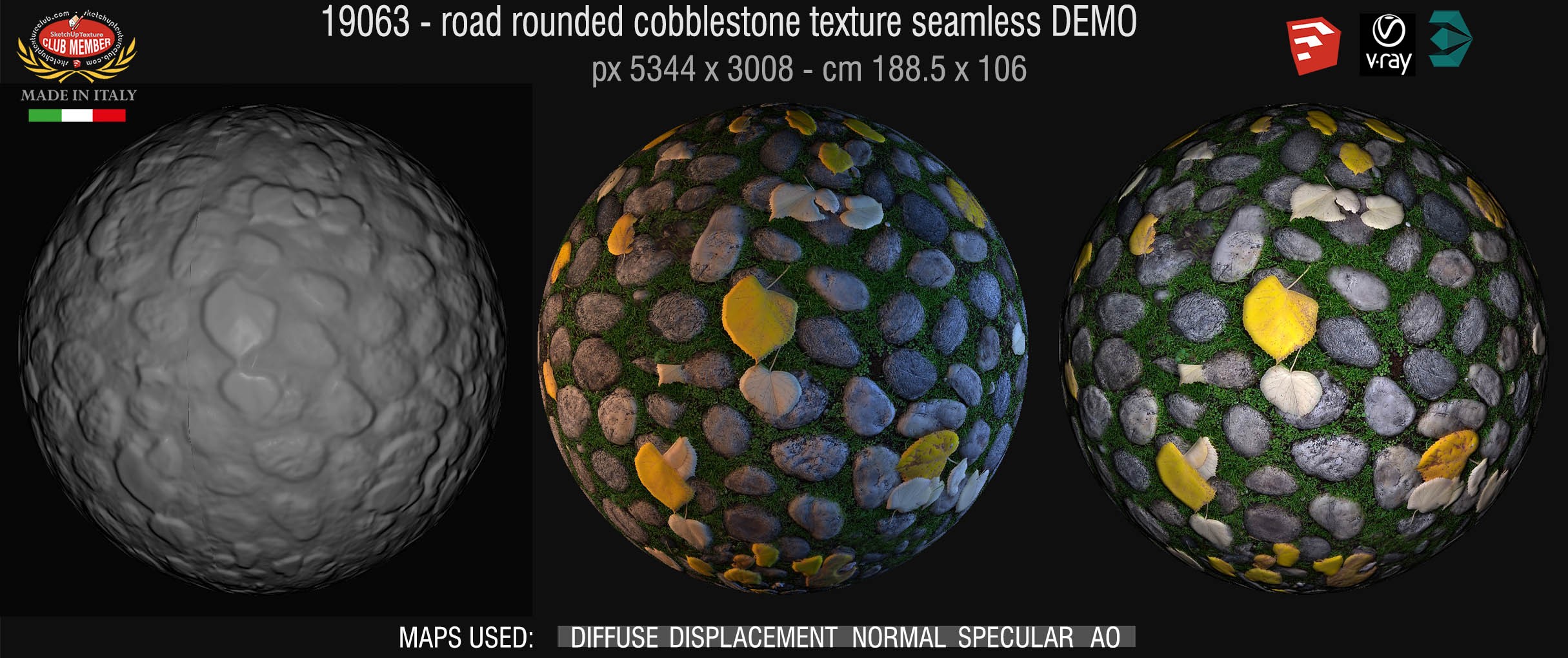 19063 Rounded cobblestone with dead leaves texture seamless + maps DEMO