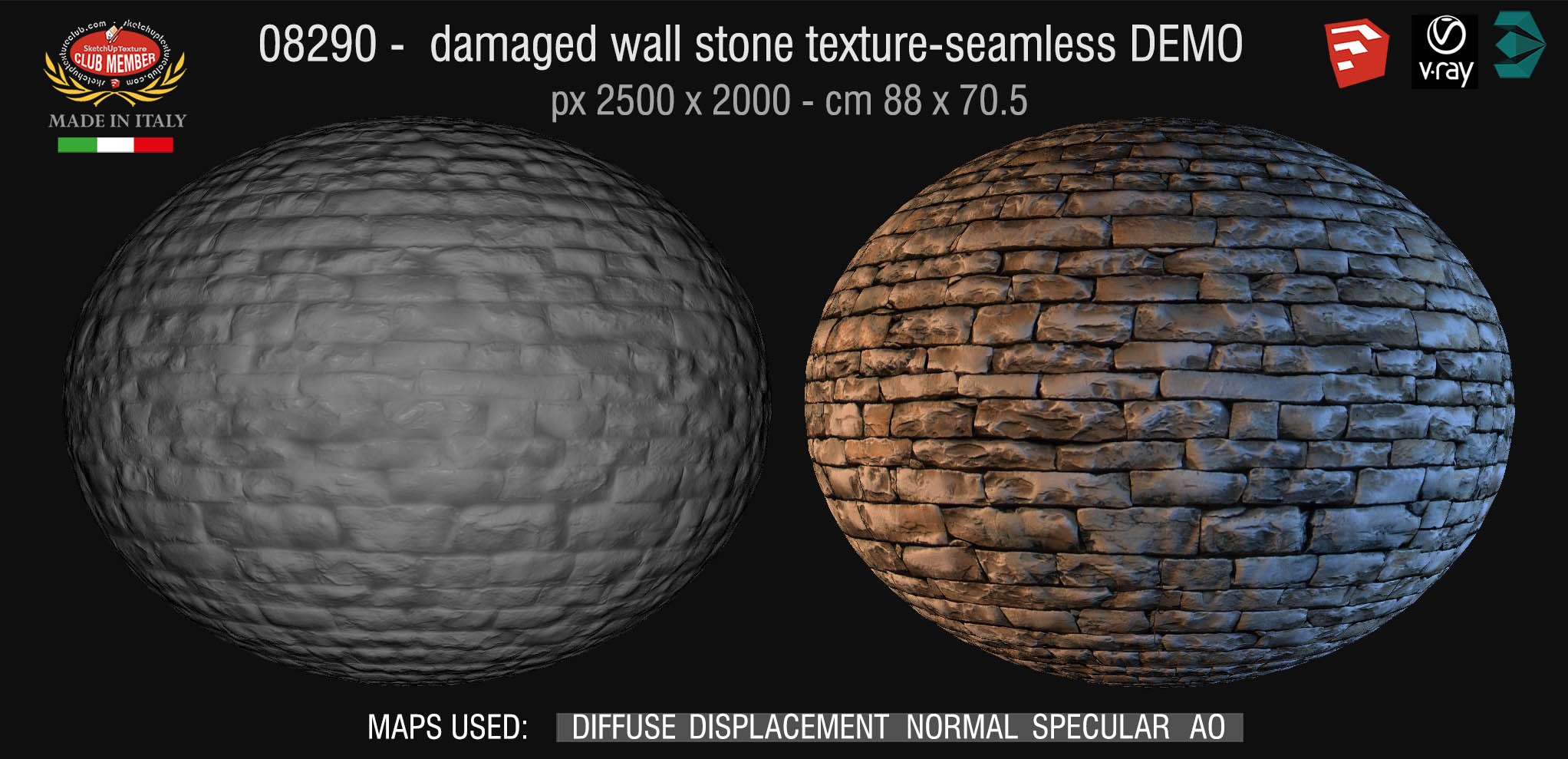 08290 HR Damaged wall stone texture + maps DEMO