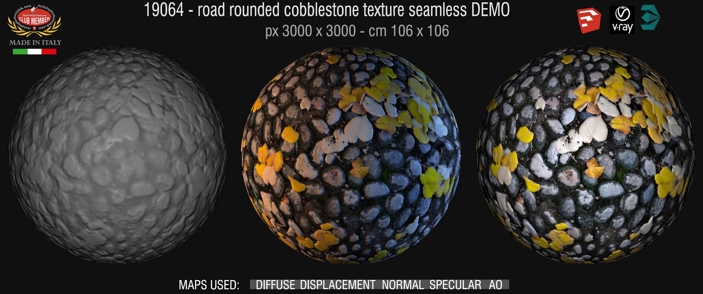 19064 Rounded cobblestone with dead leaves texture seamless + maps DEMO