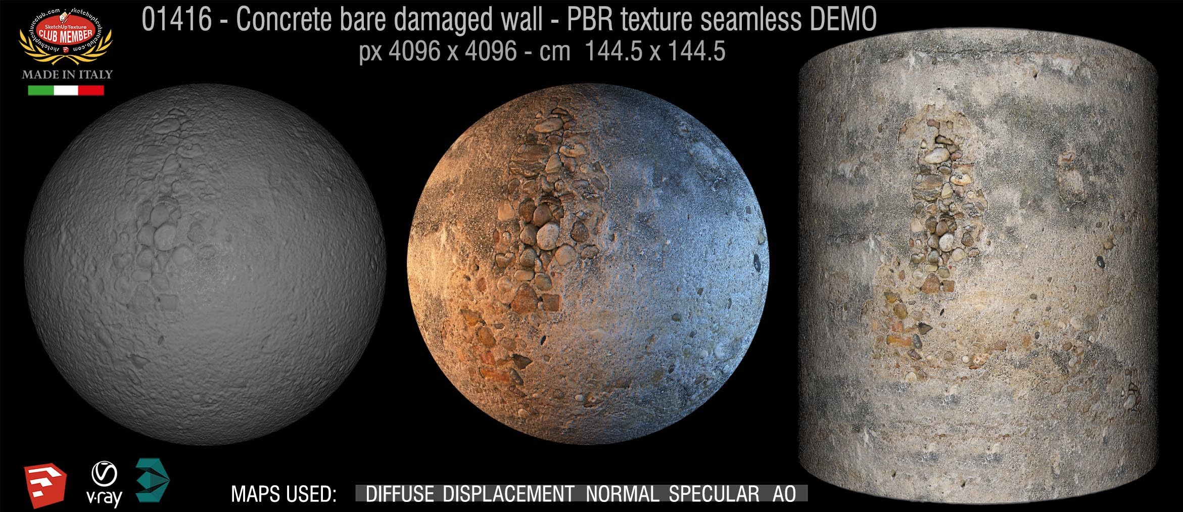 01416 Concrete bare damaged PBR texture seamless DEMO