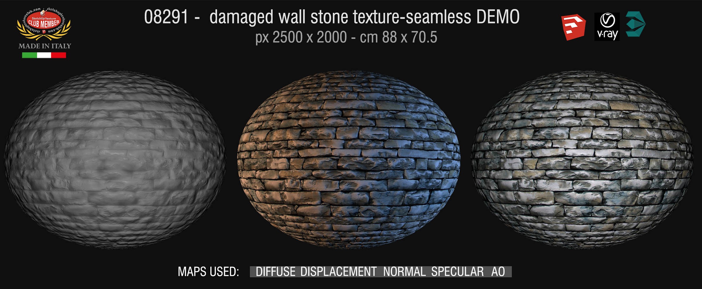 08291 HR Damaged wall stone texture + maps DEMO
