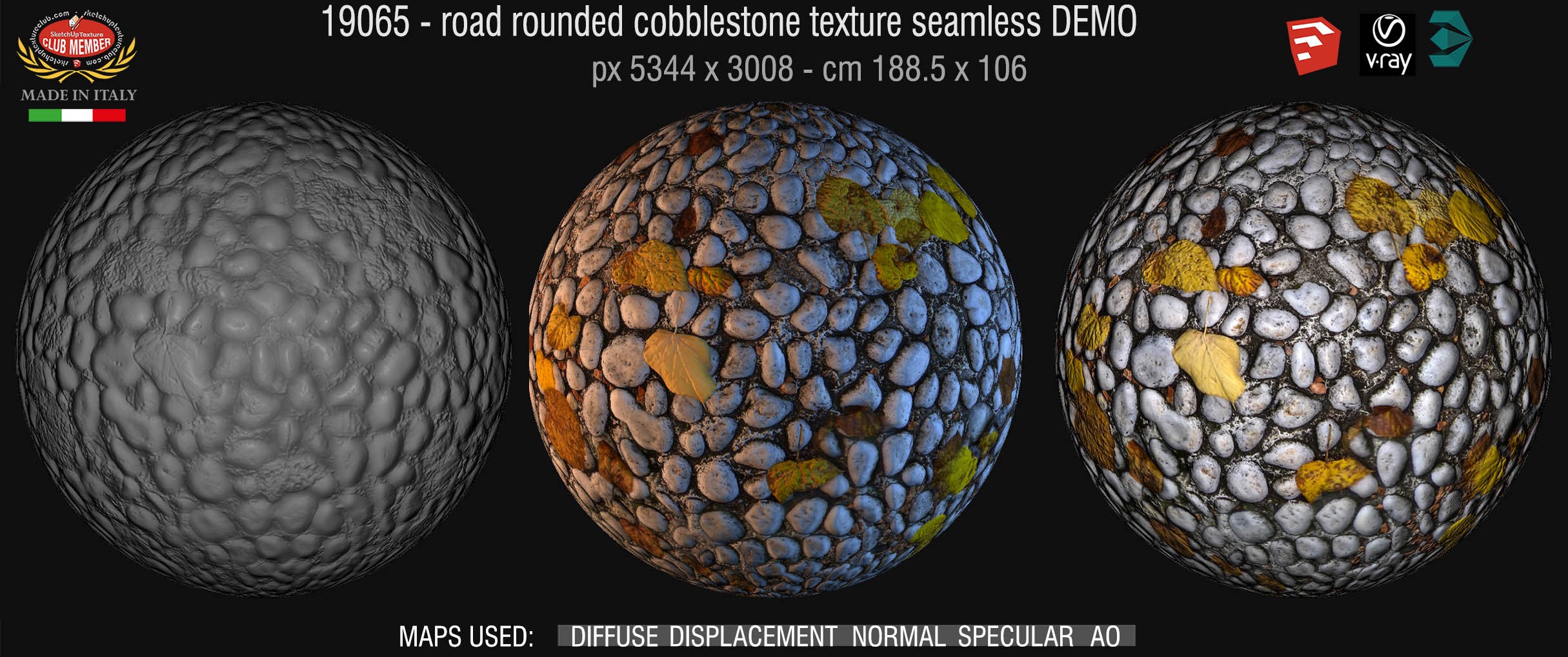 19065  White rounded cobblestone with dead leaves texture seamless + maps DEMO