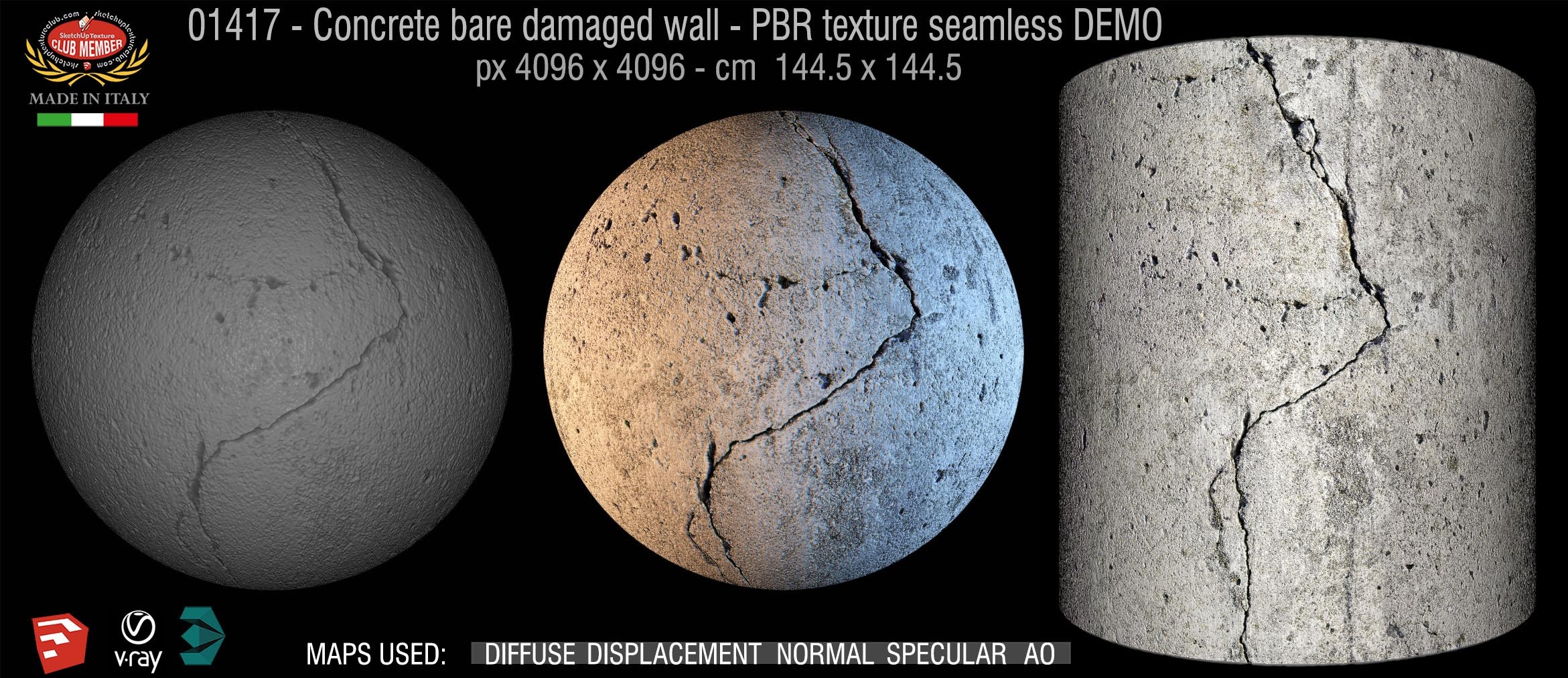 01417 Concrete bare damaged PBR texture seamless DEMO