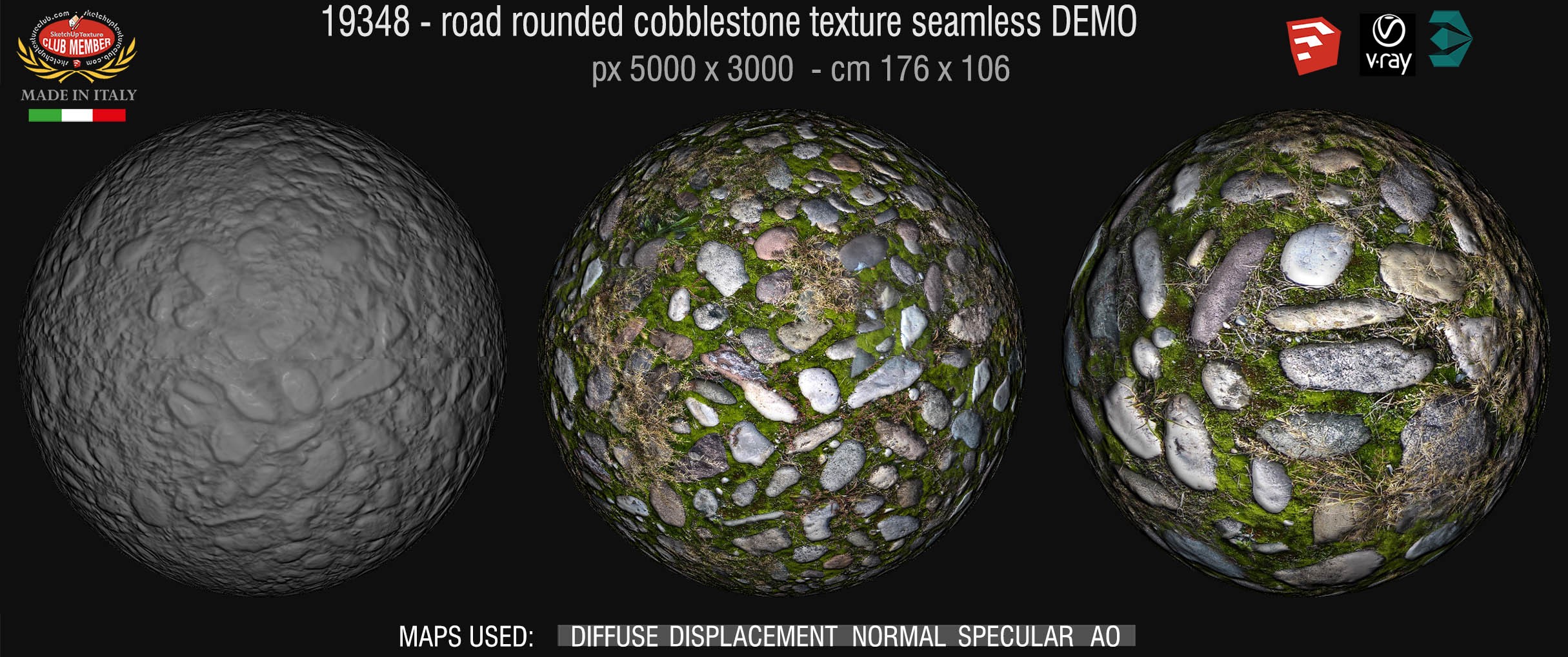 19348 Rounded cobblestone with moss texture seamless + maps DEMO