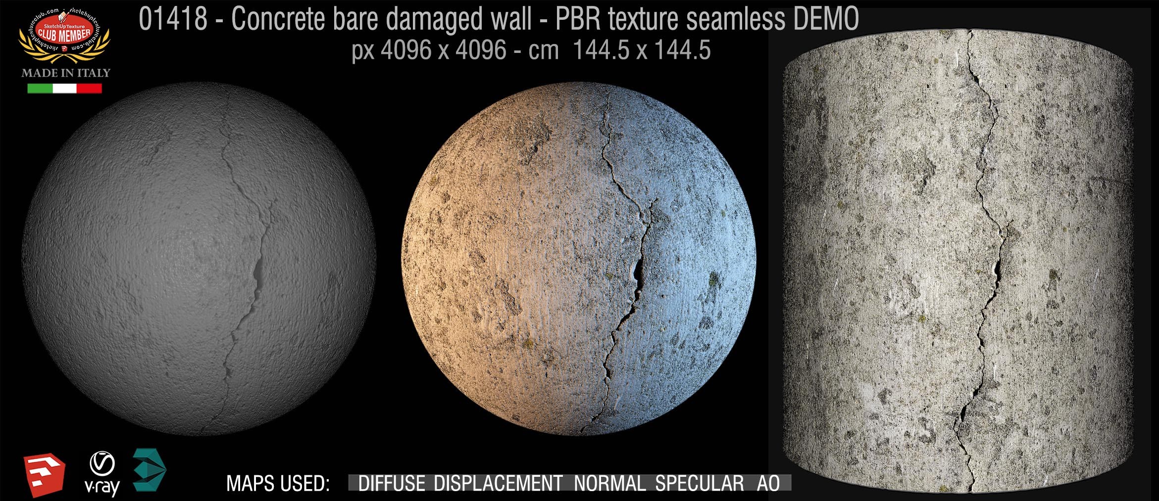 01418 Concrete bare damaged wall texture seamless DEMO