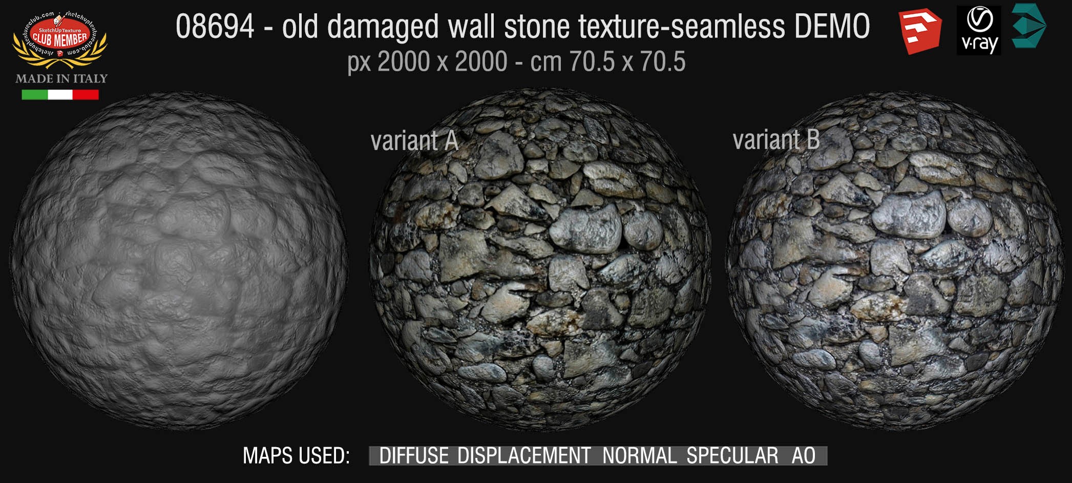 08694 HR Damaged wall stone texture seamless + maps DEMO