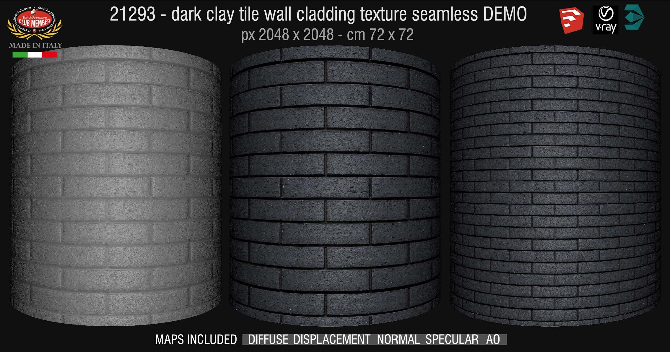 21293 CLICK TO ENLARGE Dark clay tile wall cladding texture + maps DEMO