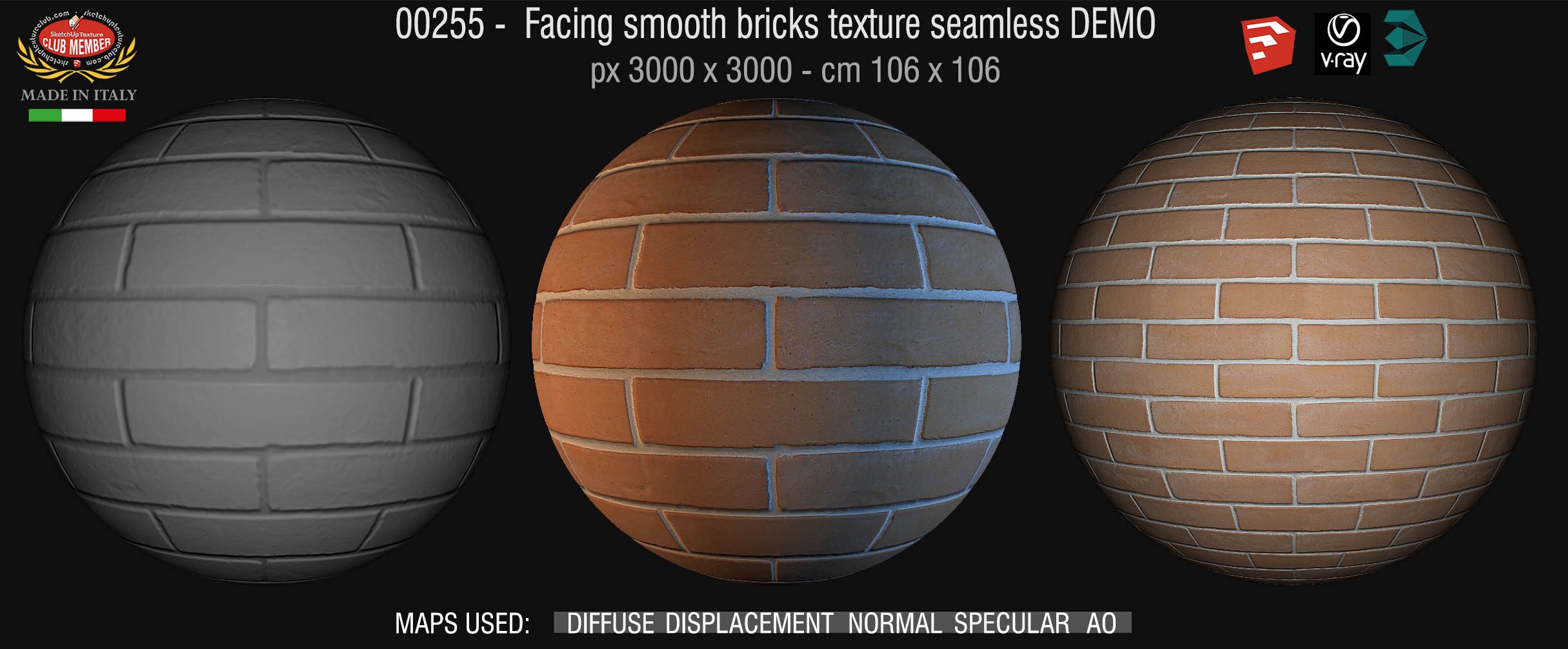 00255 Facing smooth bricks texture seamless + maps DEMO