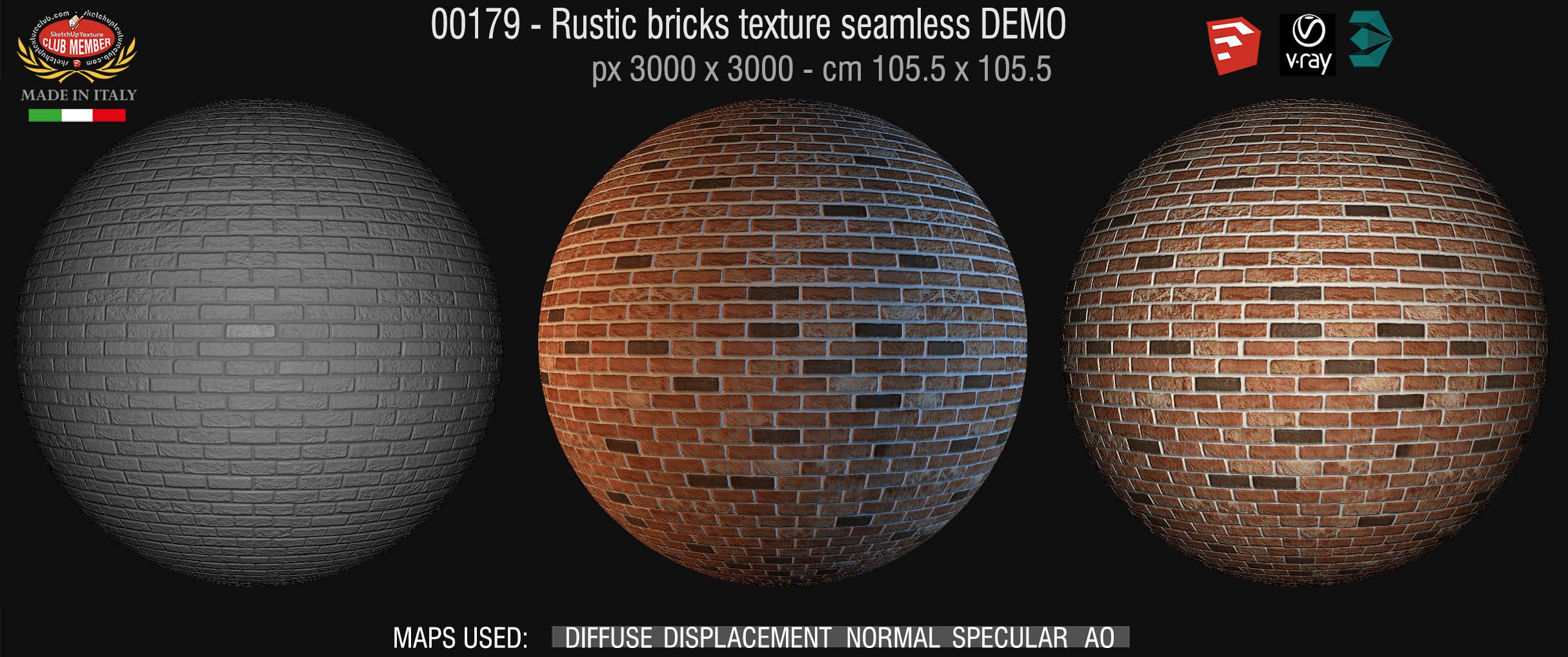 00179 Rustic bricks texture seamless + maps DEMO