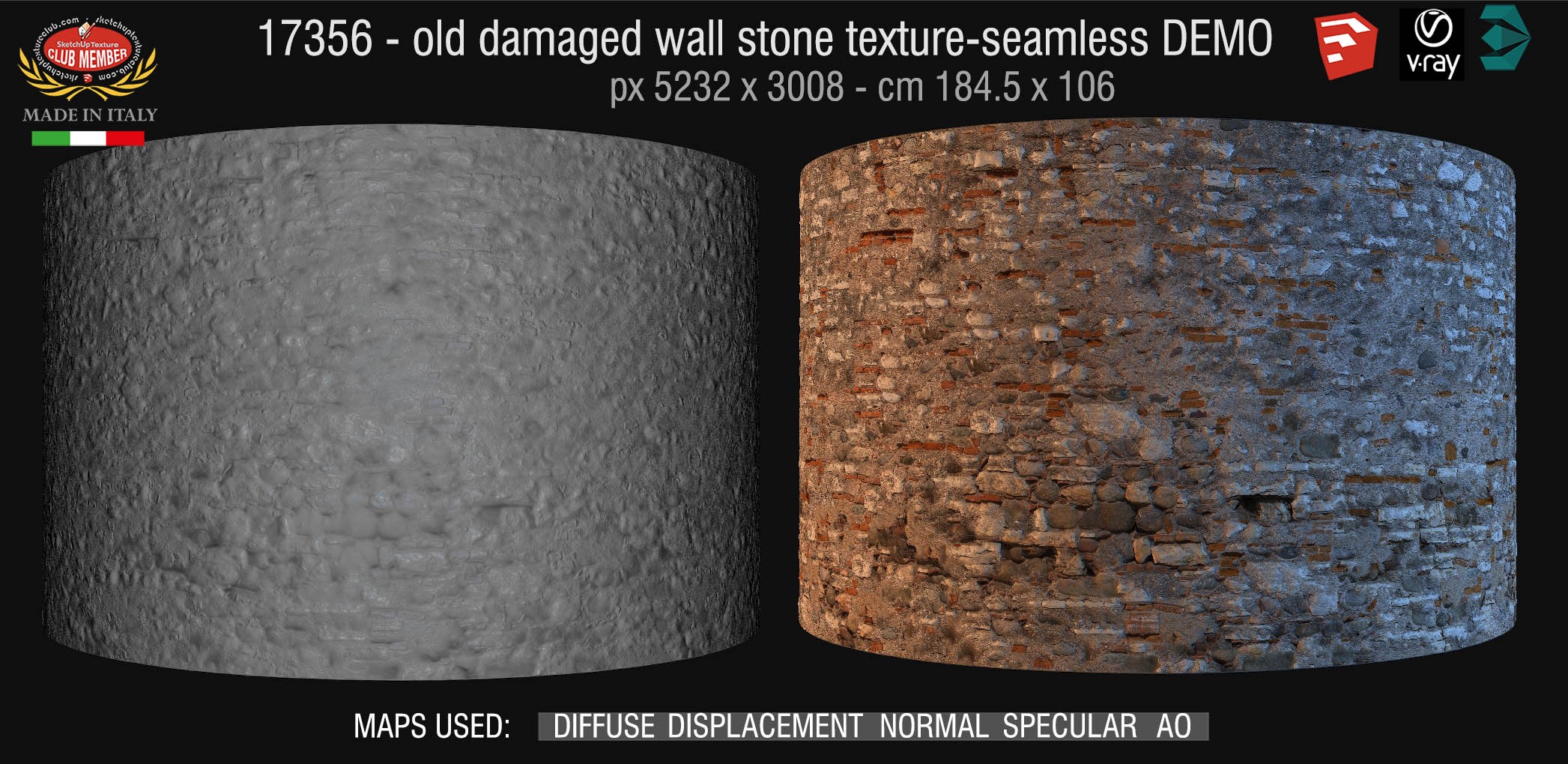 17356 HR old damaged wall stone & brick texture + maps DEMO