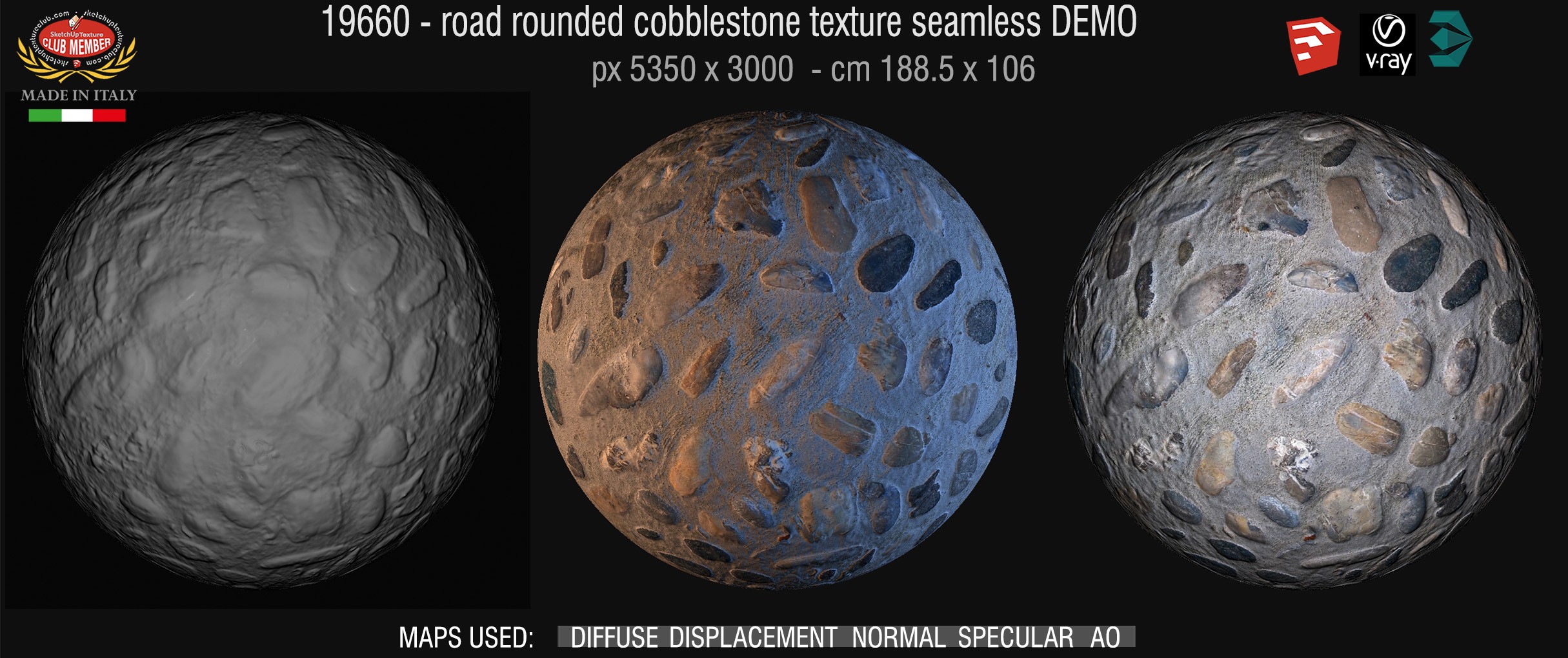 19660 Road rounded cobblestone texture seamless + maps DEMO