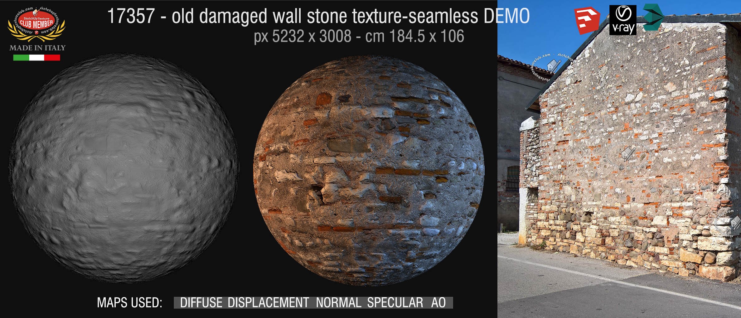 17357 HR old damaged wall stone & brick texture + maps DEMO