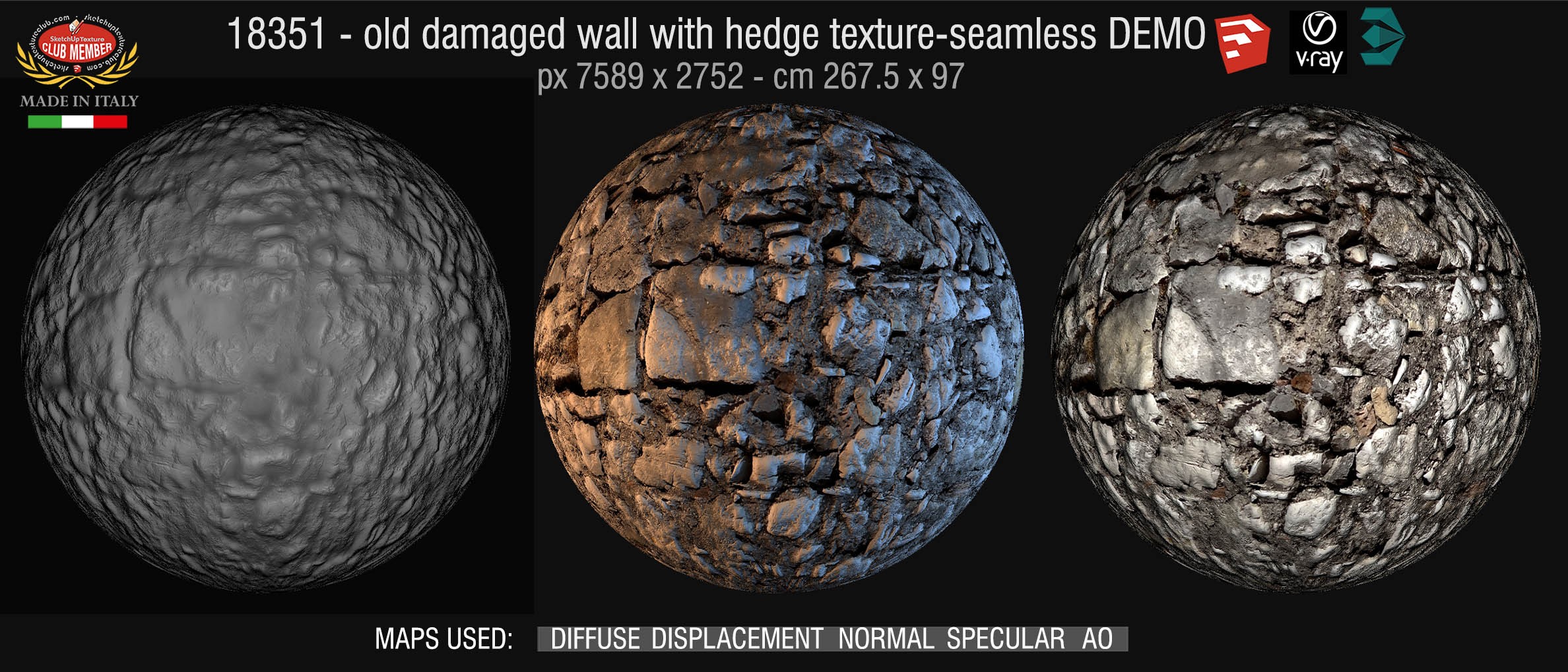 18351 HR old damaged wall stone texture + maps DEMO