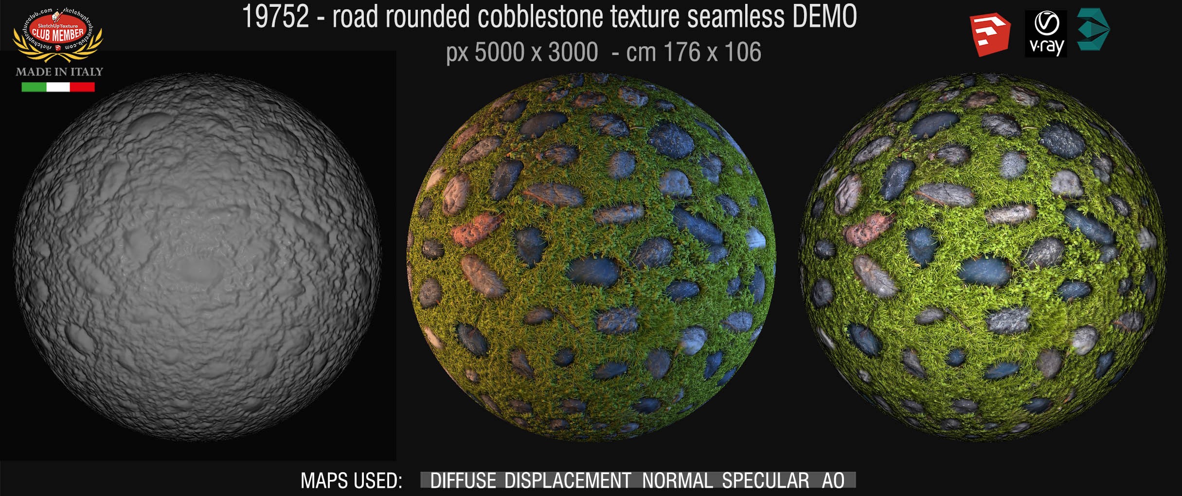 19752 road rounded cobblestone with green grass texture + maps demo