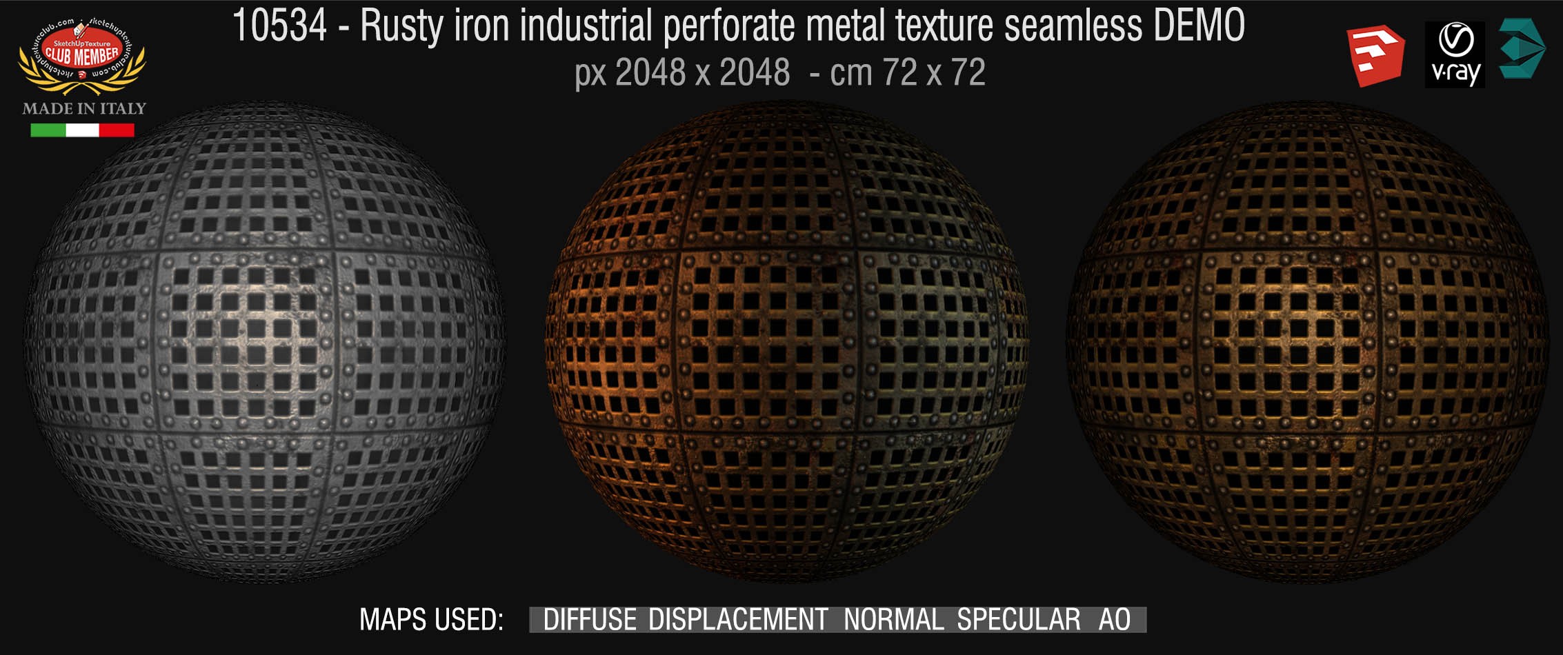 10534 HR Rusty iron industrial perforate metal texture seamless + maps DEMO