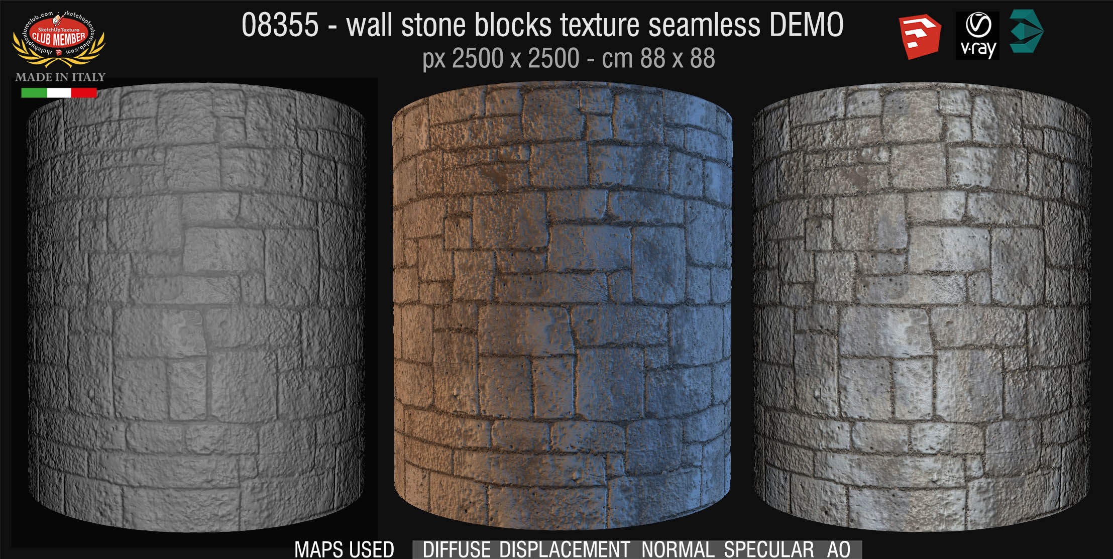 08355 HR Wall stone with regular blocks texture + maps DEMO