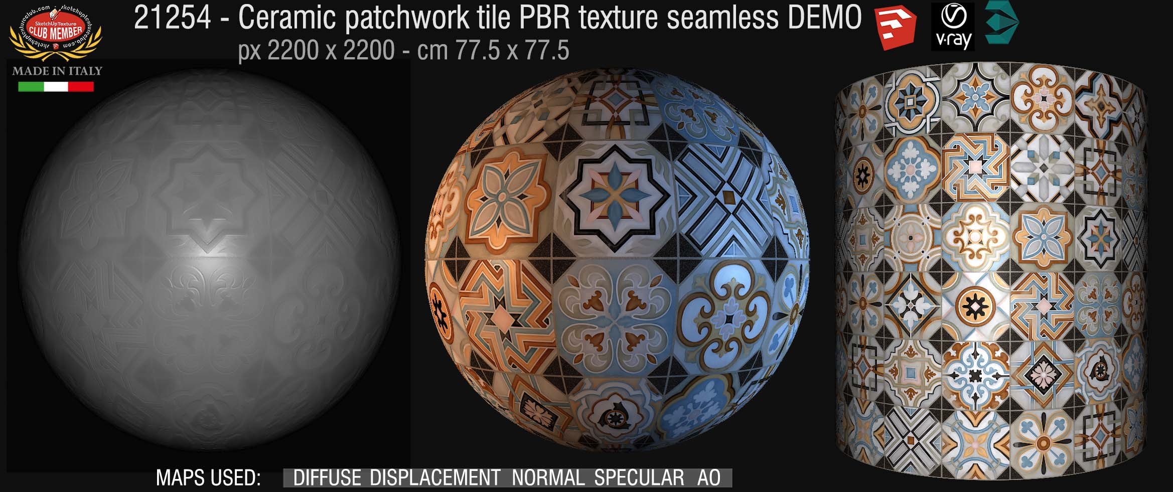 21254 Ceramic patchwork tile PBR texture seamless DEMO