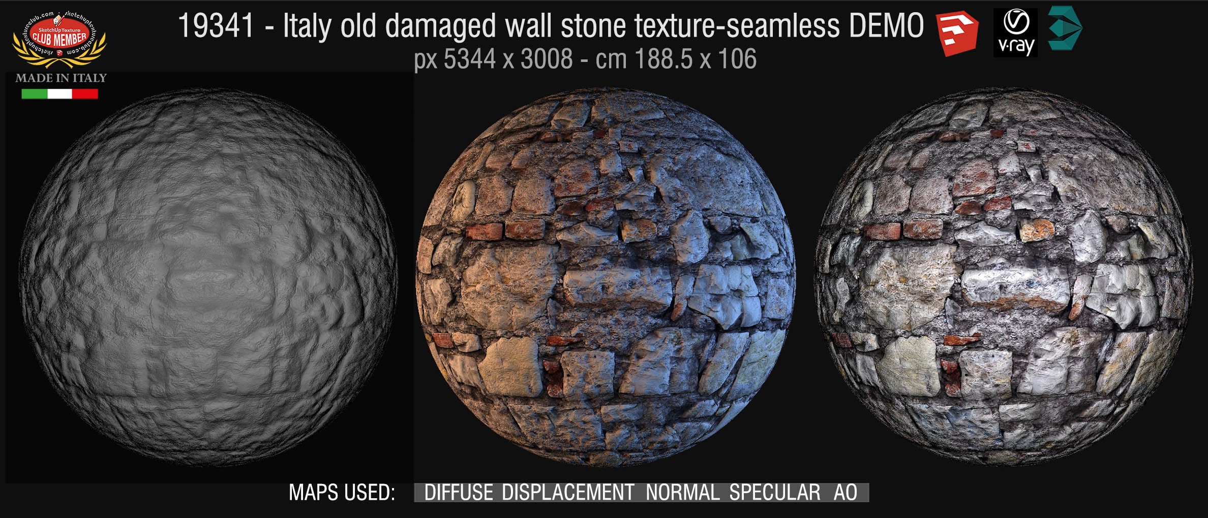 019341 HR Italy old damaged wall stone texture + maps DEMO