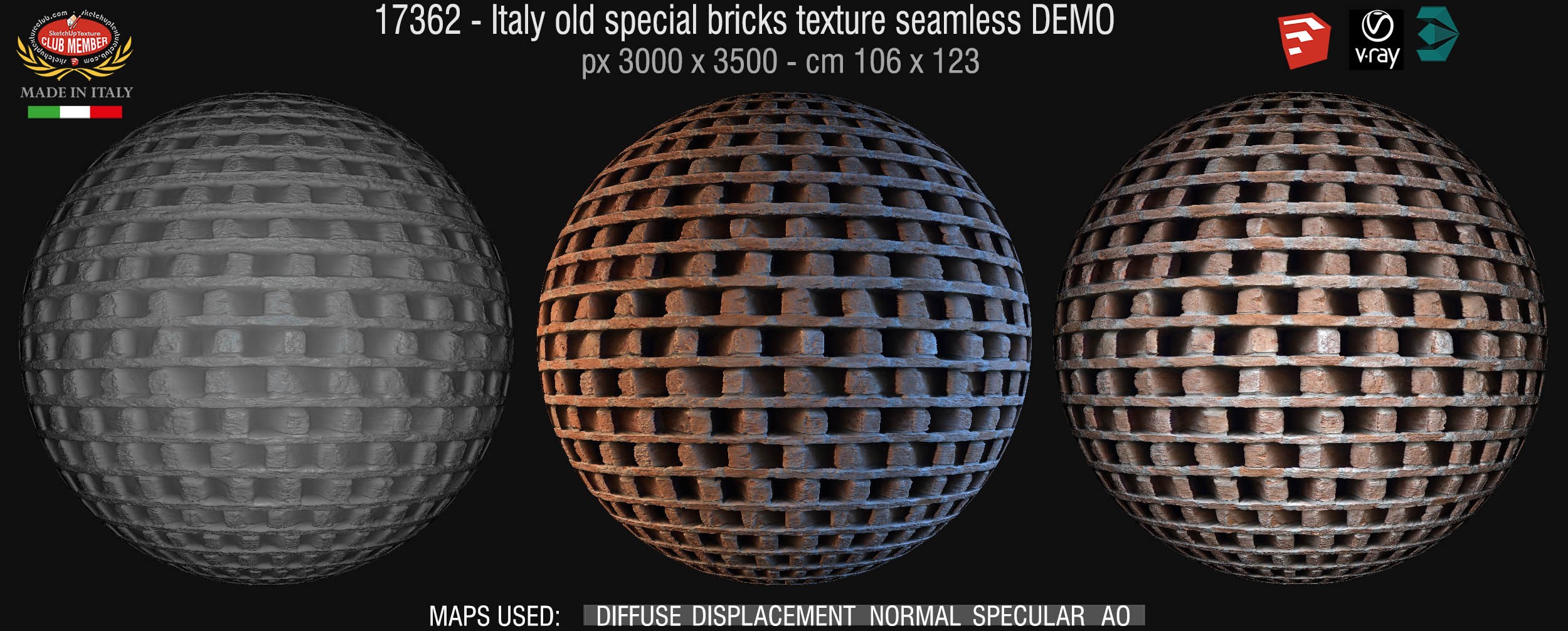 17362 Italy old special bricks texture seamless + maps DEMO