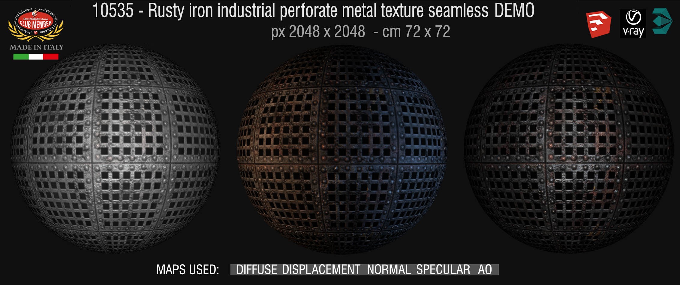10535 HR Rusty iron industrial perforate metal texture seamless + maps DEMO