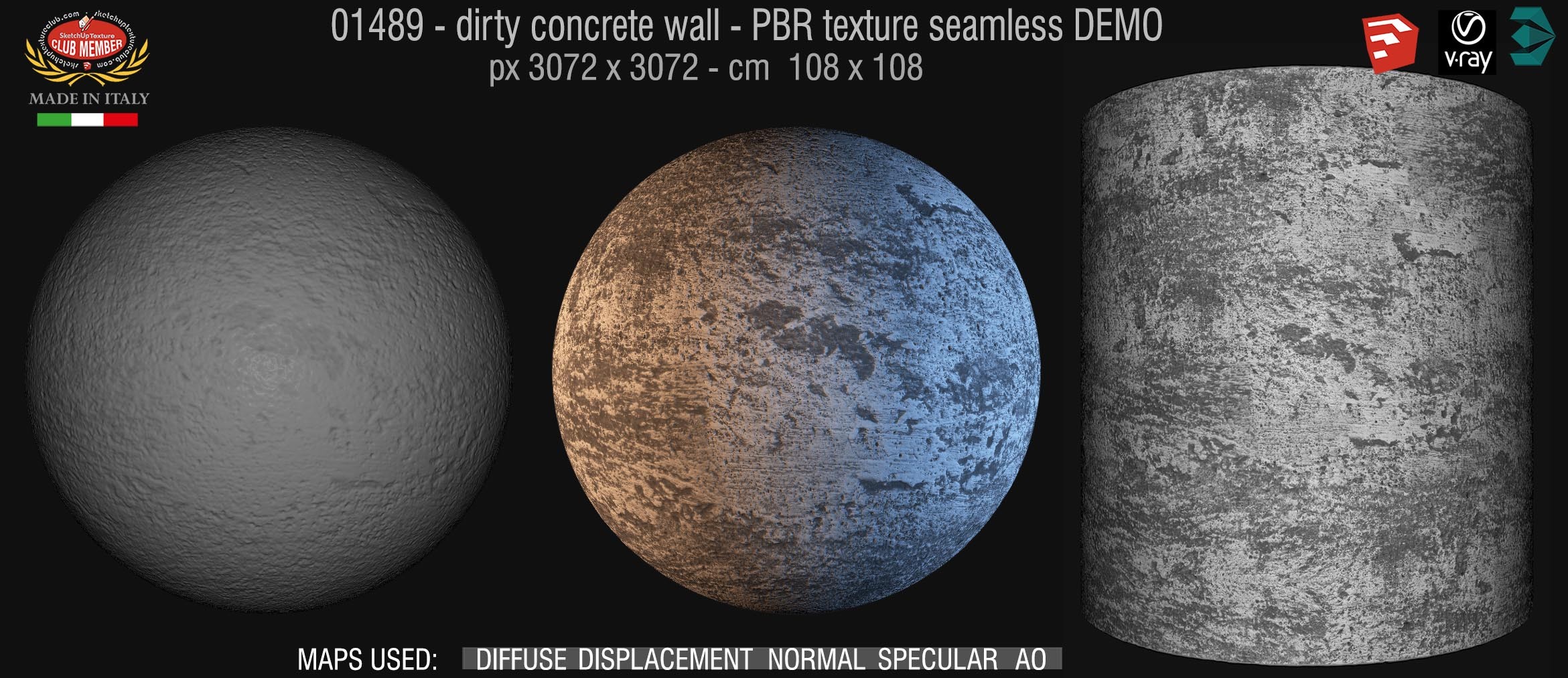 01489 Concrete bare dirty wall PBR texture seamless DEMO