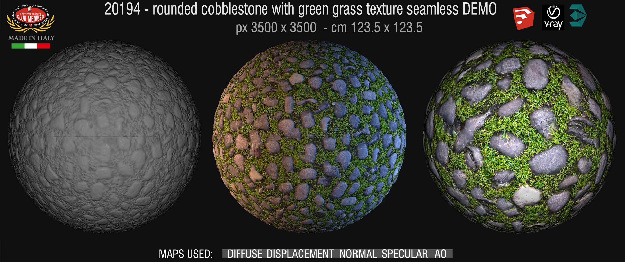 20194 Road rounded cobblestone with green grass texture seamless + maps DEMO