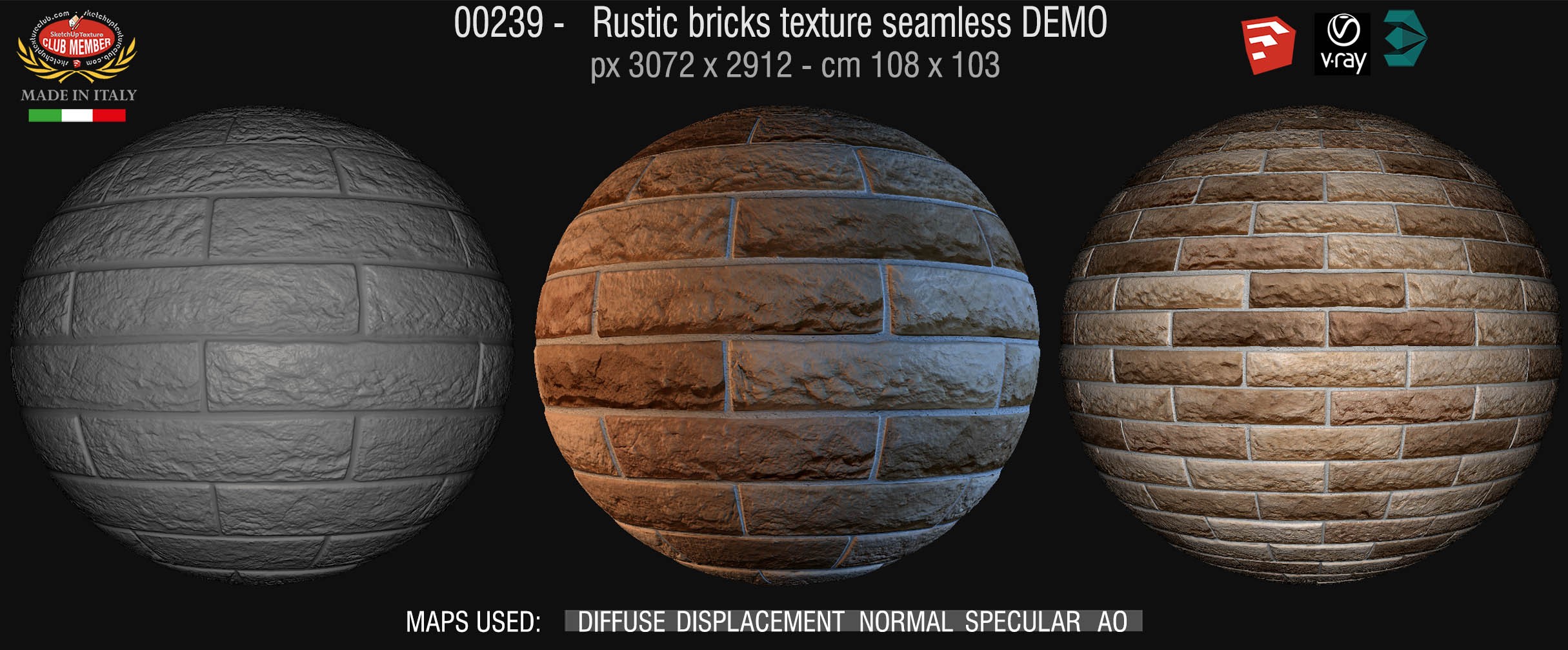 00239 Rustic bricks texture seamless + maps DEMO