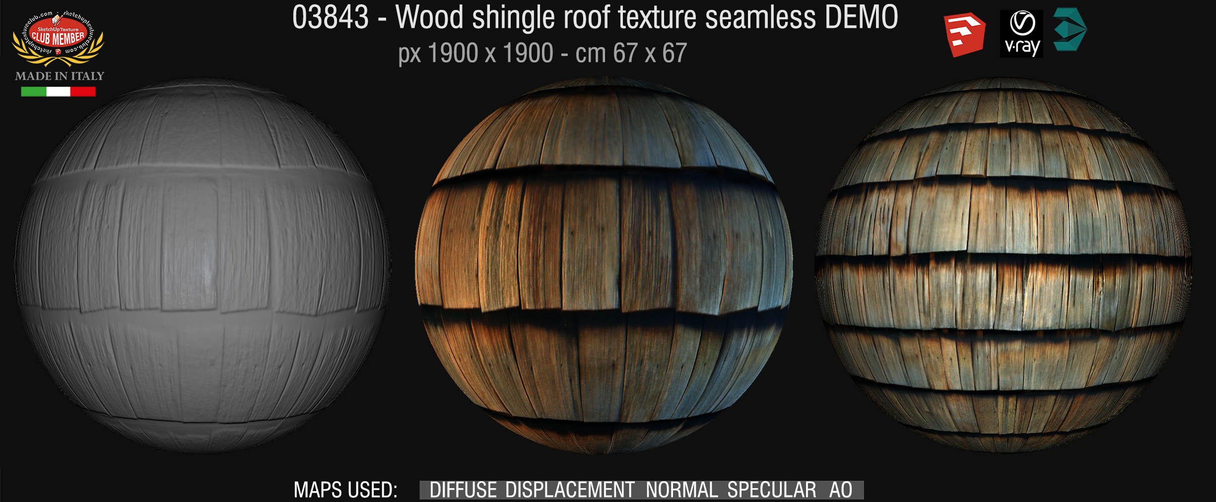 03843 Wood shingle roof texture seamless + maps DEMO
